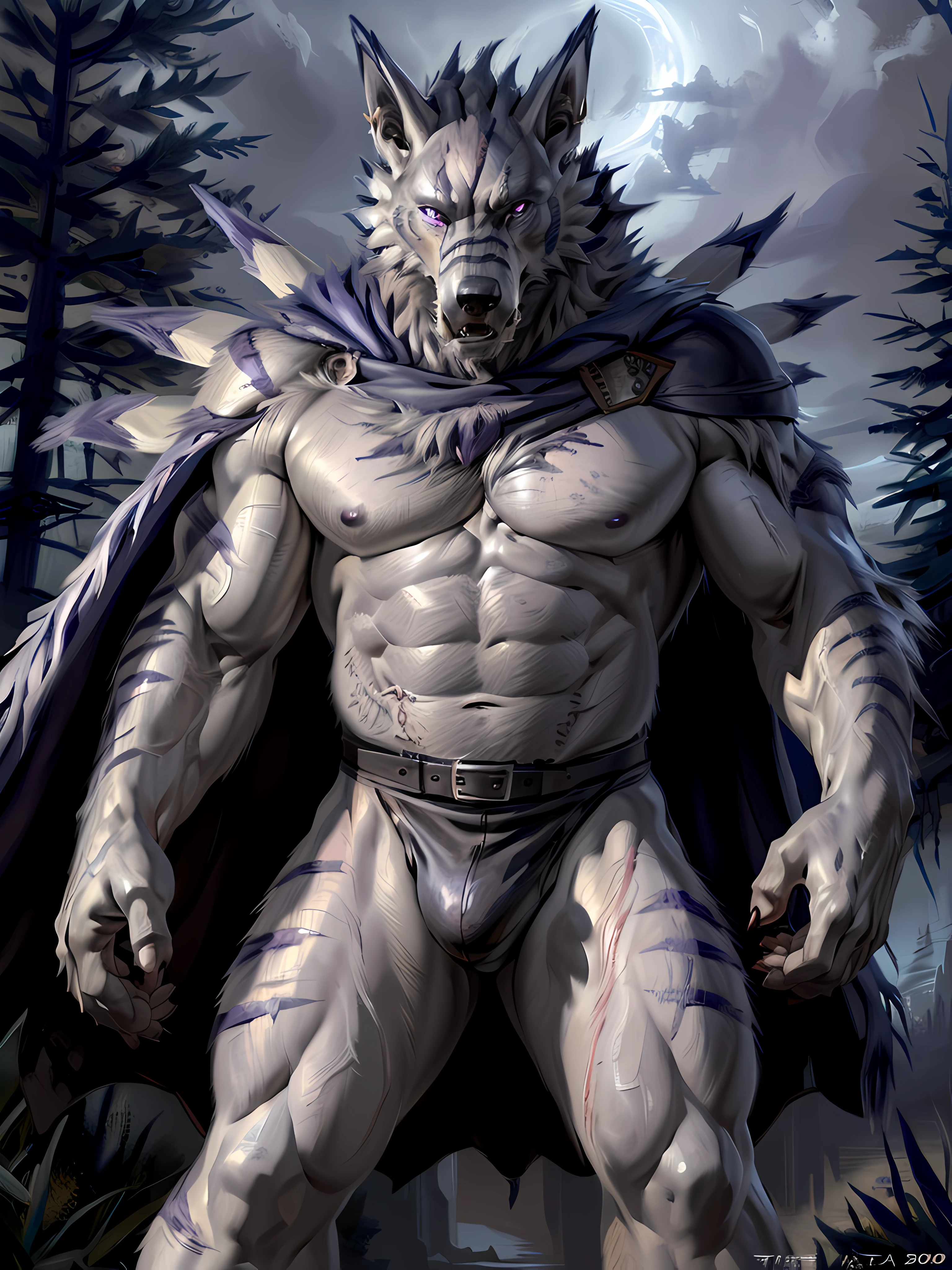 Weregarurumon, in partial shadows, wearing blaidd's cape. 4k, high resolution, best quality, perfect colors, perfect shadows, perfect lighting, posted on e621, furry body, solo, male, adult, bare chest, masculine, (very muscular, buff, heavyweight, strong chest:1.2), correct anatomy, (photorealistic fur, detailed fur, epic, masterpiece:1.2), (dark fantasy world background, trees, black sky, night, cold), (by Taran Fiddler, by Chunie, by Traver009, by wfa:1.1), (black leather underwear, belt:1.2), (detailed eyes, purple eyes:1.2), (full body:1.5), serious face, strong posture, visible breath, (veins, vascular:1.2), proud, soft shadows, gruff, big wolf feet, shoulder armor