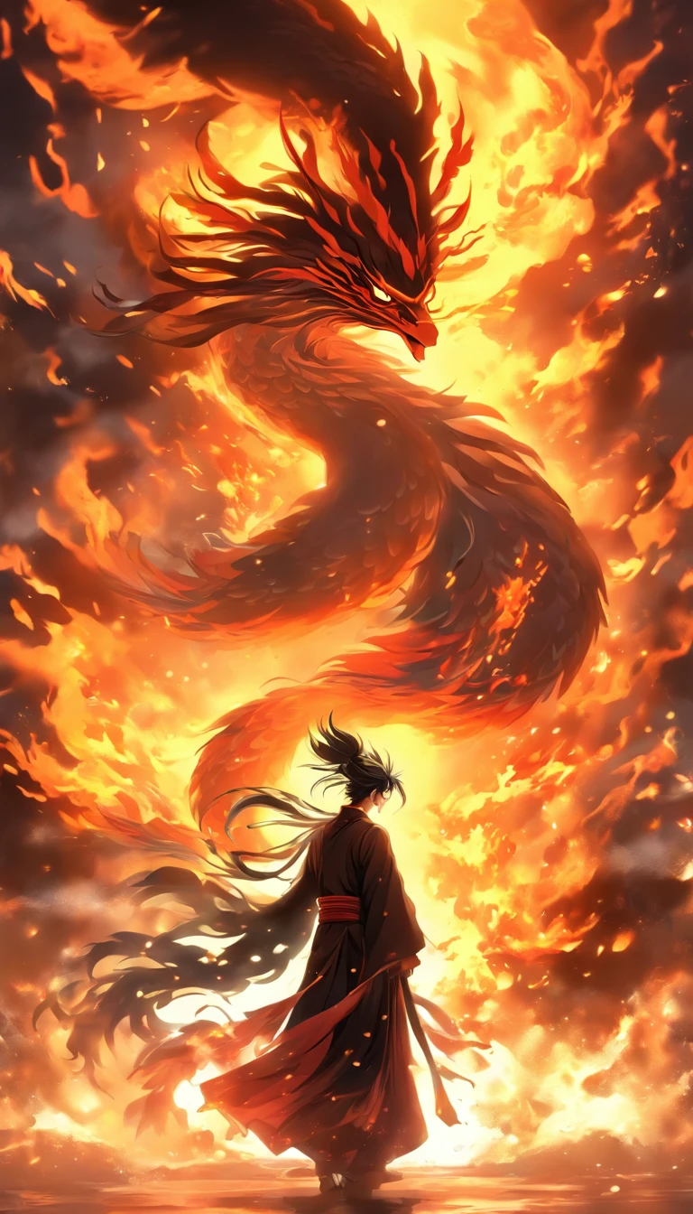 China-style,中景 the scene is,The Taoist priest stood in front of the huge winged fire phoenix,Stretch your hands,Long messy hair,Glow effects,Hyper-realistic,Ultra photo realsisim,Chinese black and white ink style,Silver,Decolorization,Smudge,ink,8K,super-fine,high qulity,OC renderer