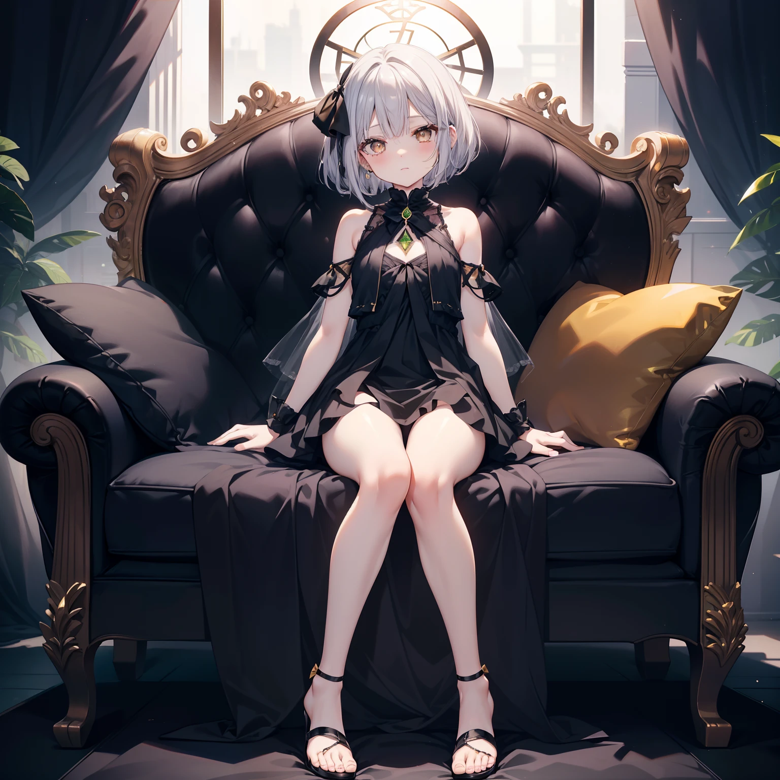 Black Onyx、、teens girl、bare-legged、Silver Hair Bob Cut、Orange Gold Eye、Fantasia、White Gothic dress、I don't wear underneath、Black Diamond、peridot、Ametrine、Golden Sapphire、Shoulder out、Armpits are visible、From the top、Show your feet to your audience, Big buttocks,Big thighs、 (Presentation of the legs), From the top ,1girl in, Solo, Medium chest, Side hair ribbon, Sleeveless, sole of feet、Shy laughter、Mole under the eyes、Sleeping on the couch、Five-fingered、2 arms、2 legs、