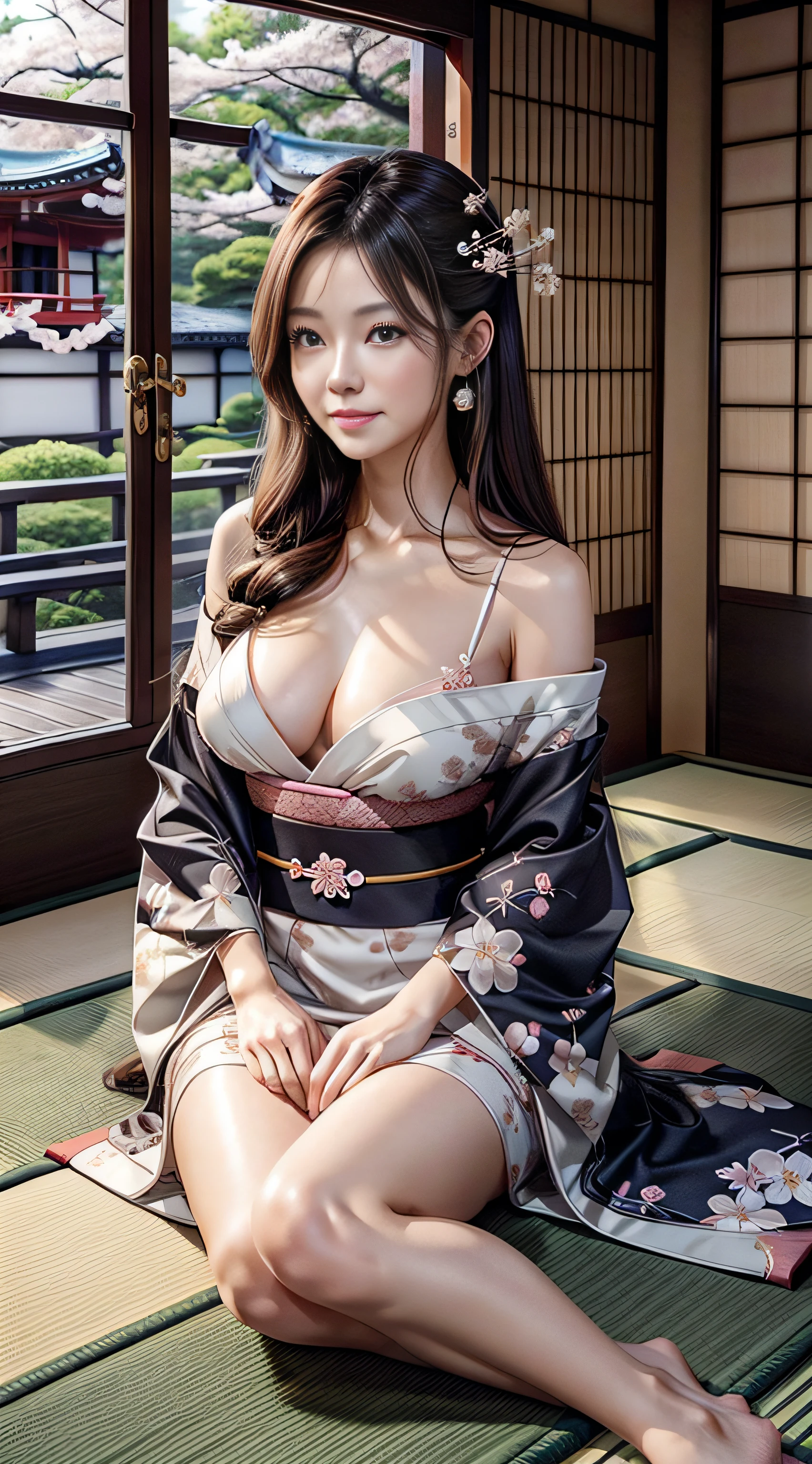 femele(Beautie、Beautuful Women)、hairstyle on(Brown hair、Medium long、Japanese hair)、faces(Gentle expression、a smile、bewitching)、body type(Perfect Style、Beautiful skins、Beautiful breasts、thigh visible)、garments(Kimono with cherry blossom pattern、Japanese dress、shoulders)、The location(houseboat、Tatami mats、a room、traditional Japanese room)、Strong-willed eyes、High quality、Delicate images、Detailed details、high-level image quality、hightquality、