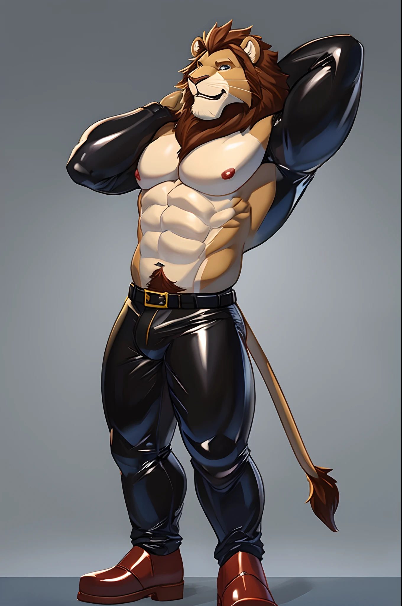 sozinho, masculino, corpo forte, lion tin on his side with one arm behind his head without clothes , wearing only latex pants, corpo inteiro, usando botas de couro