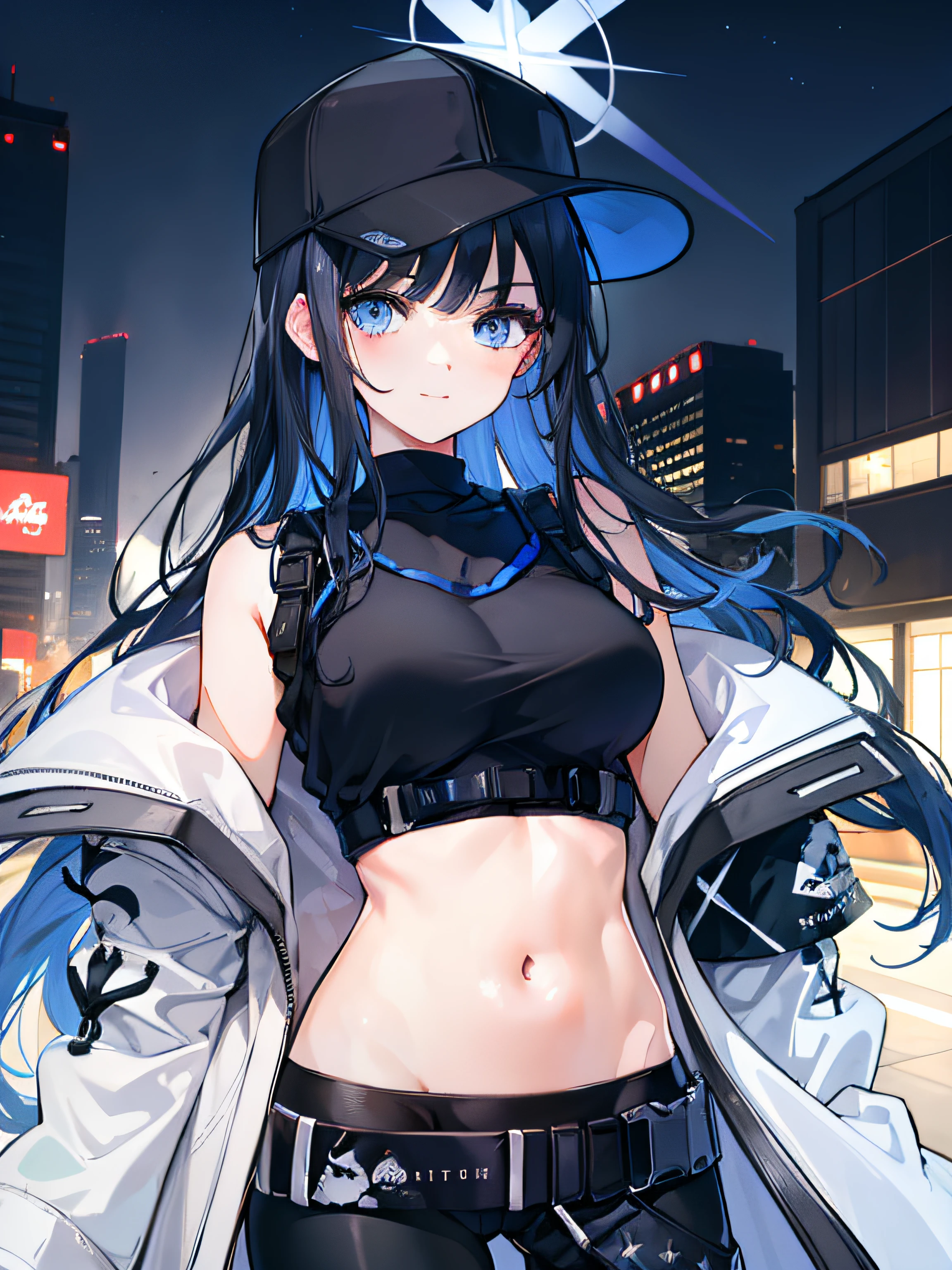 saori, (best quality), (masterpiece), detailed, (illustration), 1girl, long hair, navel, solo, breasts, midriff, hat, off shoulder, pants, crop top, sleeveless shirt, belt, sleeveless, black shirt, outdoors, baseball cap, blue eyes, black headwear, saori \(blue archive\), large breasts, halo, black pants, black hair, cowboy shot, bare shoulders, cityscape, black belt, underbust, standing, open clothes, coat, blue hair, night, white coat, very long hair, chest harness, closed mouth, smiles