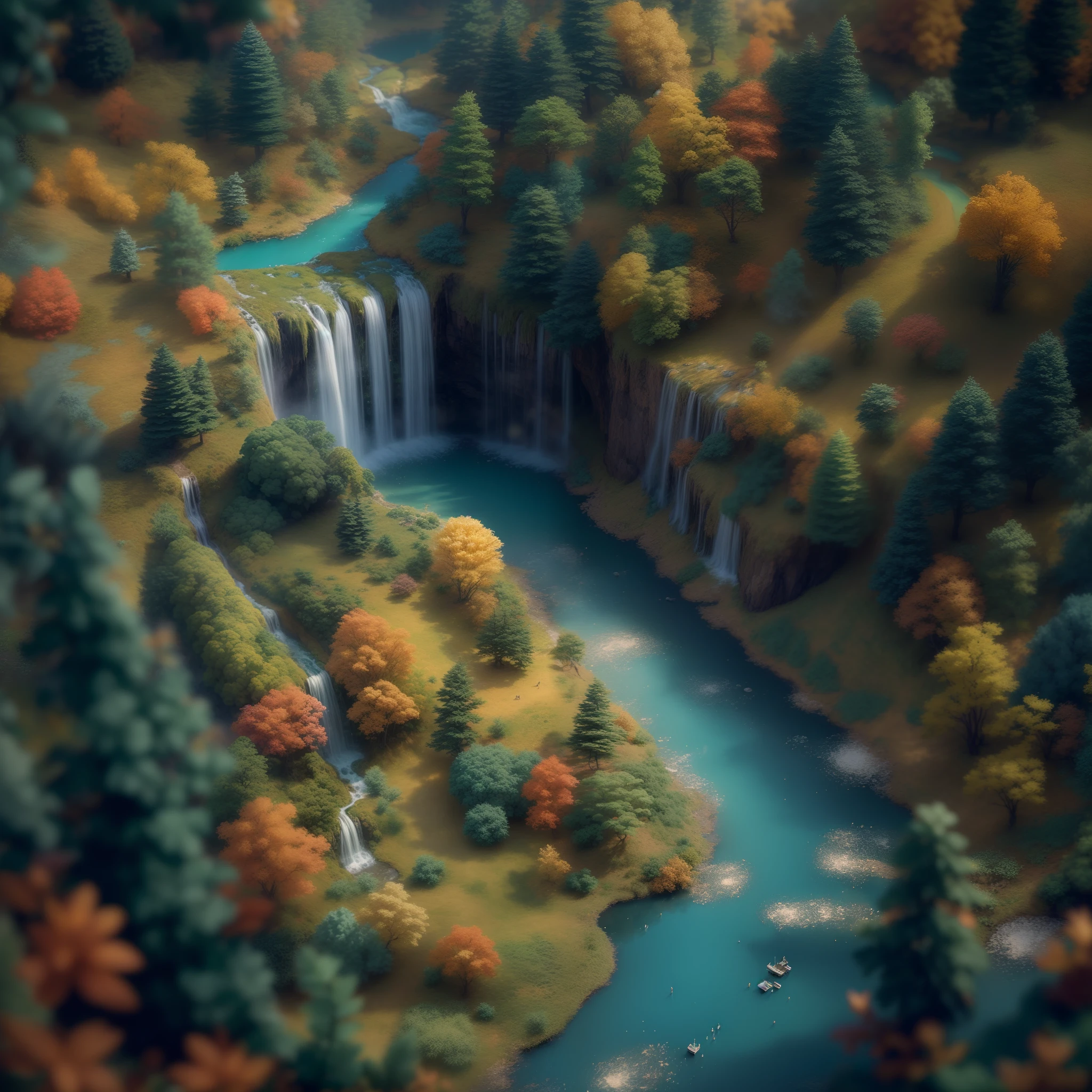 (Tilt-Shift:1.4), waterfall lake (extremely colorful, Best quality, high detailed, Masterpiece, Cinematic Lighting, 4K, Chiaroscuro)