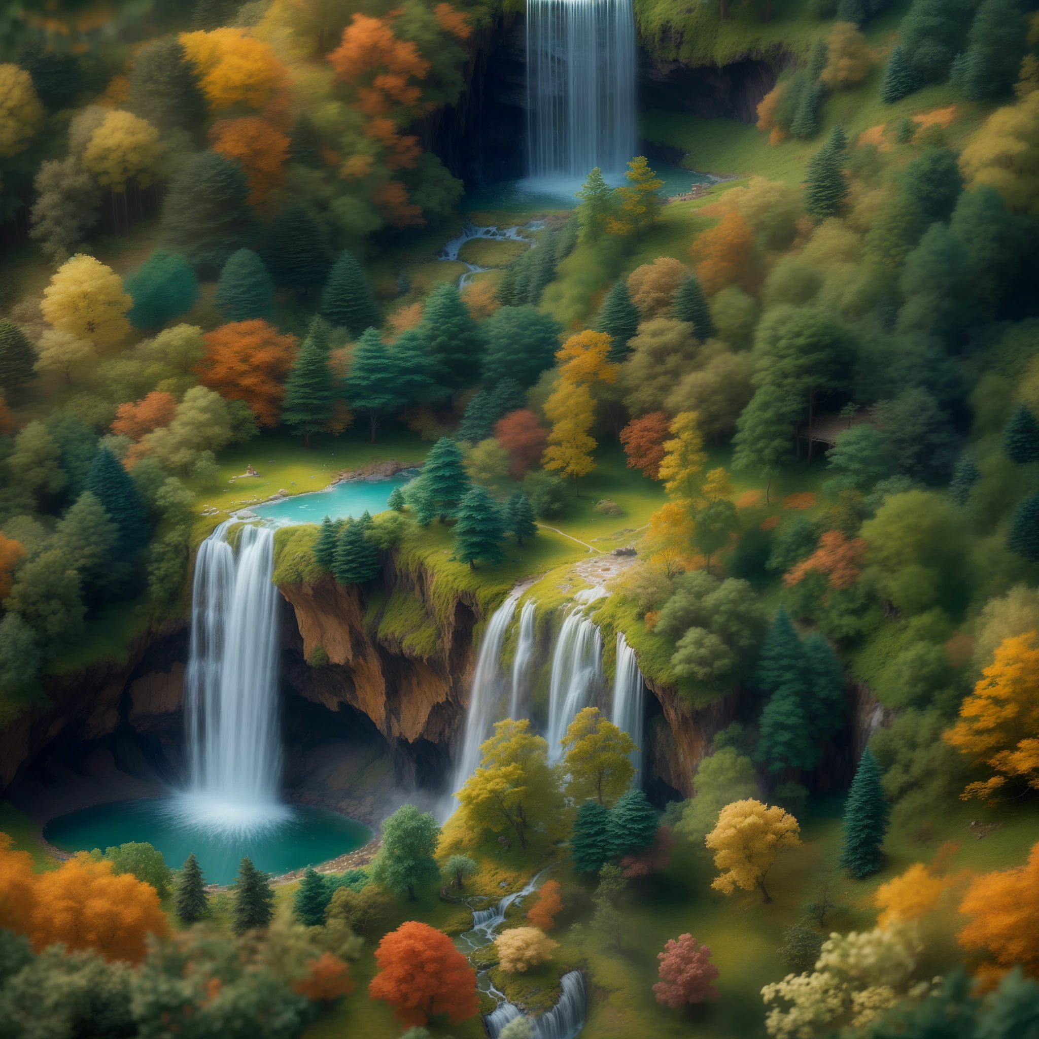 (Tilt-Shift:1.4), waterfall lake (extremely colorful, Best quality, high detailed, Masterpiece, Cinematic Lighting, 4K, Chiaroscuro)
