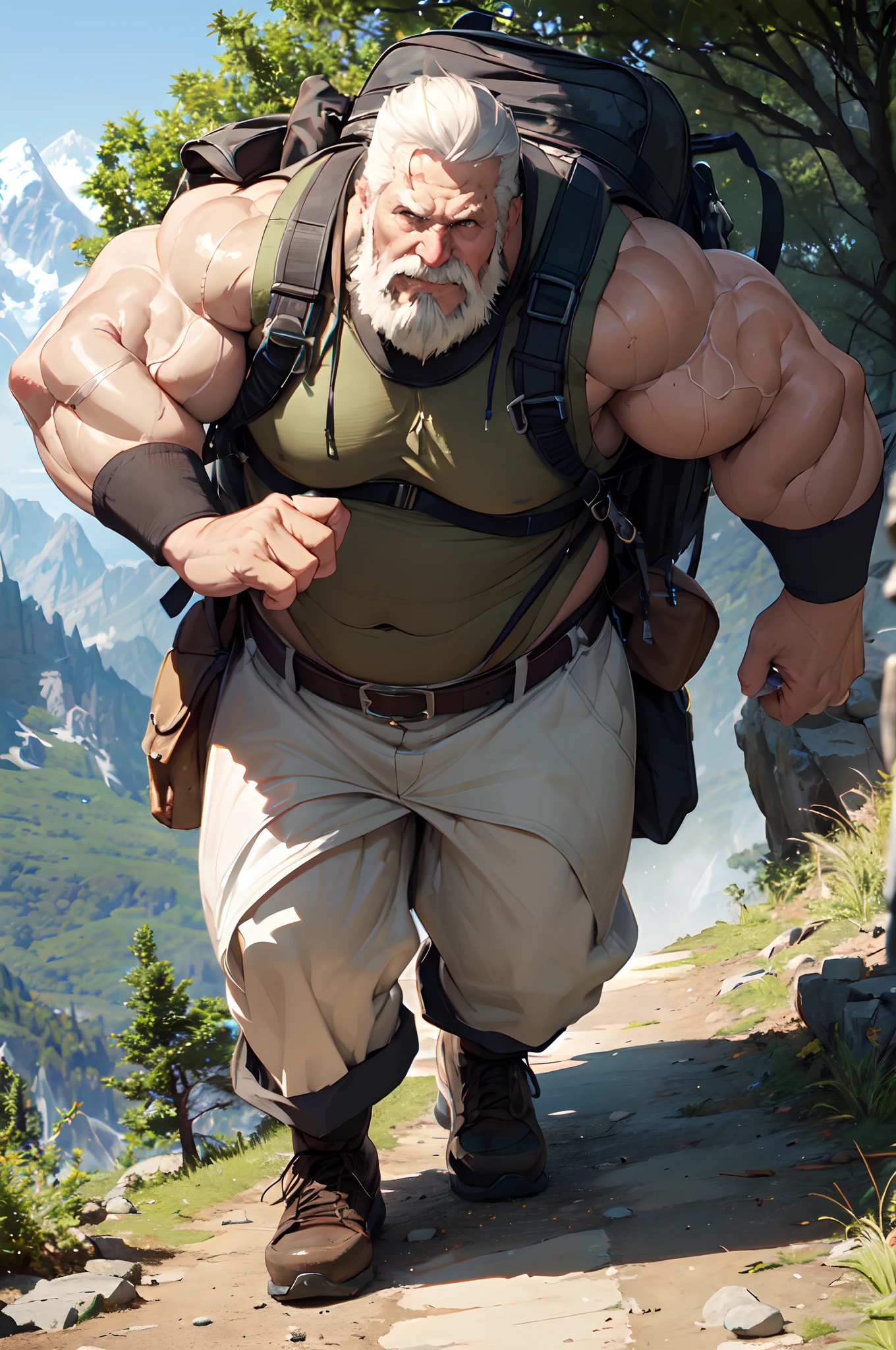 ((hand, refer to, Handbags, perfect hand)) (Highest quality,4K,8k,High resolution,masterpiece:1.2),Super detailed,(Realistic,photoRealistic,photo-Realistic:1.37),Muscular、Old man in loincloth、Huge penis、bulge、Amazing muscles、Big body、Very strong beard、landscape,rock,Steep Road,adventure,Heavy backpack,Long white beard,Powerful Weapons,Leather boots,Exhausted,Sweaty,A majestic mountain in the distance々,Gust of wind,Tall tree々,Cool breeze,Decide,peaceful,Calm,Gentle lighting