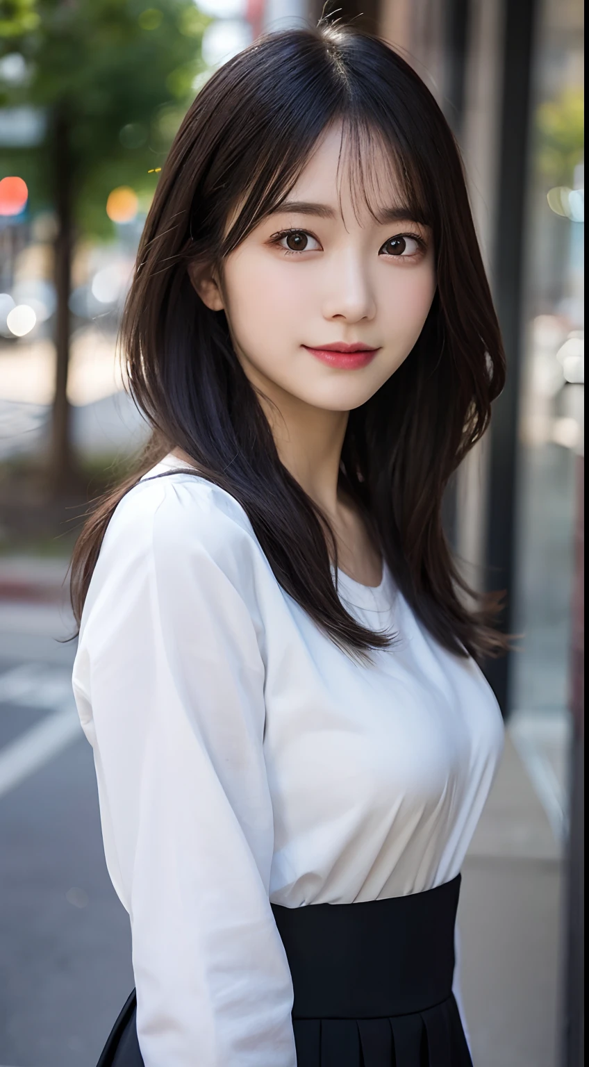 randome pose, mix4, (8K, Raw photography, top-quality, masterpiece: 1.45), (realisitic, Photorealsitic: 1.37), one girls, cute little, A smile、Cityscape, natta, profetional lighting, cafes,Street,photon maping, Radio City, physically-based renderingt, Gradient black hair, white hair, Semi-long loose hair,gals,a handsome, girl with, large full breasts,校服, High ,brother,Tight skirt,top quality photo, hight resolution, 1080p, (clearface), (Detailed face description), (Detailed hand description), (masterpiece), realisticlying, extreme light and shadows, dishevled hair, masterpiece, lush detail, (Fine facial features), (Highest Quality Photos), (masterpiece), (finely eye), dual、Look in front of you, Fine clavicle,Emphasis on the armpits、Show lower milk