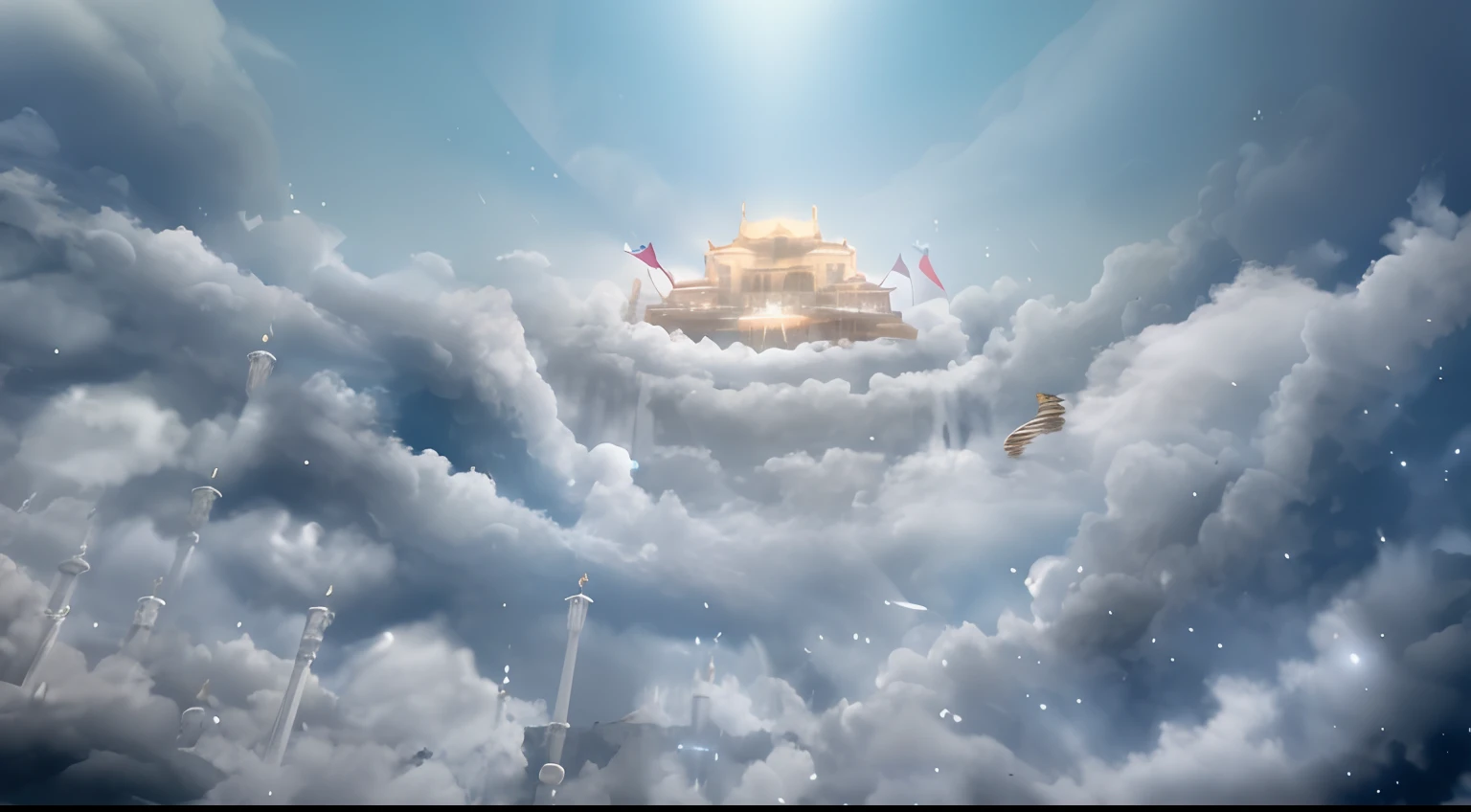 There is an image of a castle in the clouds with a background of the sky, Cidade flutuante nas nuvens, Palace floating in the sky, Castelo da nuvem voadora, cloud palace, floating city in the sky, Palace floating in the sky, castelo feito de nuvens, deite-se em nuvens brancas fairyland, Terras flutuantes nas nuvens, Arte digital altamente detalhada em 4k, Paradise Background, Fundo do templo