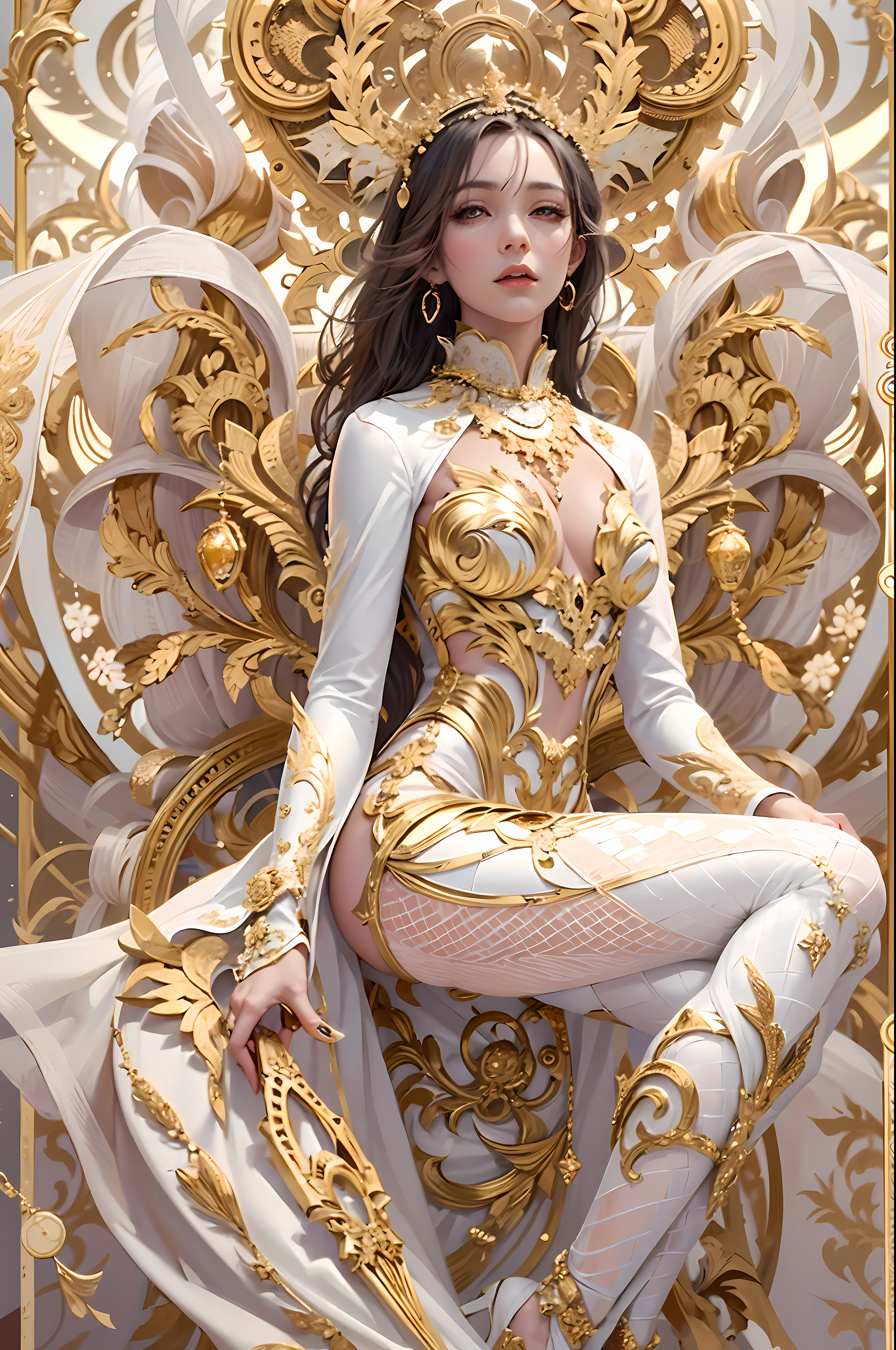 Generate a mesmerizing visual featuring a girl adorned in an exquisite IvoryGold Style ensemble. Her attire combines a rich palette of white and gold hues, creating an opulent and timeless look. Surround her with intricate fractal art patterns that seem to come alive, adding a surreal and otherworldly dimension to her presence, creatives, tangled, entangle, high_res