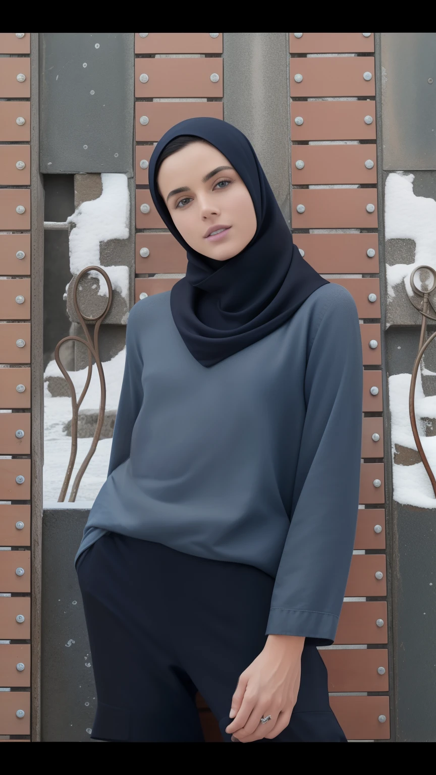 Please make me a realistic photo of a woman in a light gray hijab, light blue color t-shirt standing on a paving with the background of house and sky. The individual wears a long-sleeved shirt, leggings, and shoes ((full body)) of a professional gemoy body.
