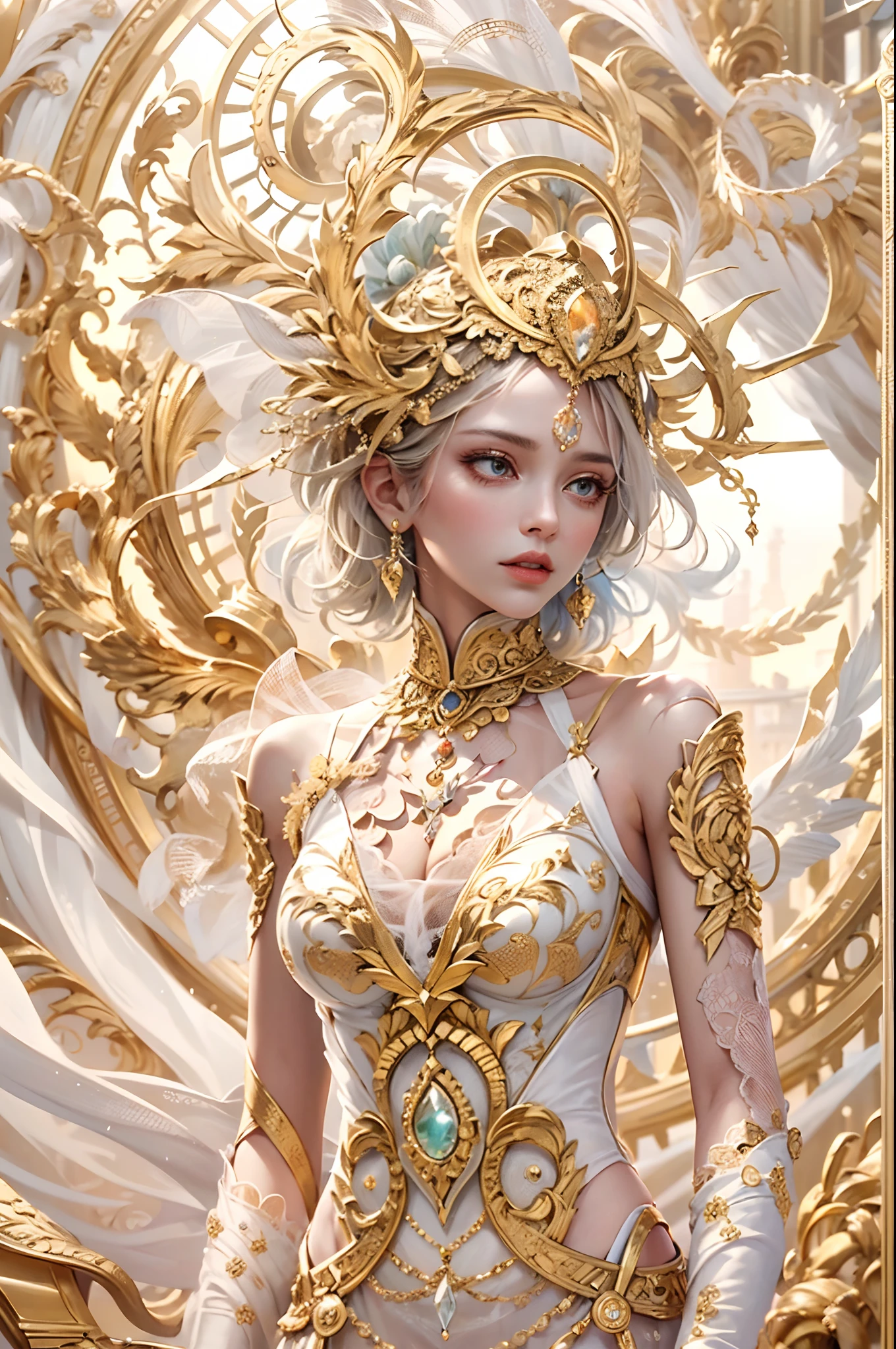 High resolution rendering, masterpiece, highest quality, high resolution, highest detail, 8k, (Photorealistic: 1.2), ((sharp focus)), 1girl, cowboy shot, dreamwave, smoke, aesthetic, vortex, beauty, small head , well-proportioned body of seven heads, even eyes, brown eyes, perfect proportions, huge breasts, thin waist, navel, big butt, gap between the legs, thighs, bewitching, sexy, erotic, (elegant), (Fractal Art: 1.2), (Zentangle: 1.2), Colorful, Crystal, Gold, Gentle Smile, Beautiful Face, Detailed and Perfect Face, Dynamic Pose, Change Pose, Dynamic Angle, Wind, Storm, Backlight, Solar Eclipse, Long hair, trendy, depth of field, translucent, floating, (accurate anatomy body and hand), 4 fingers and 1 thumb,