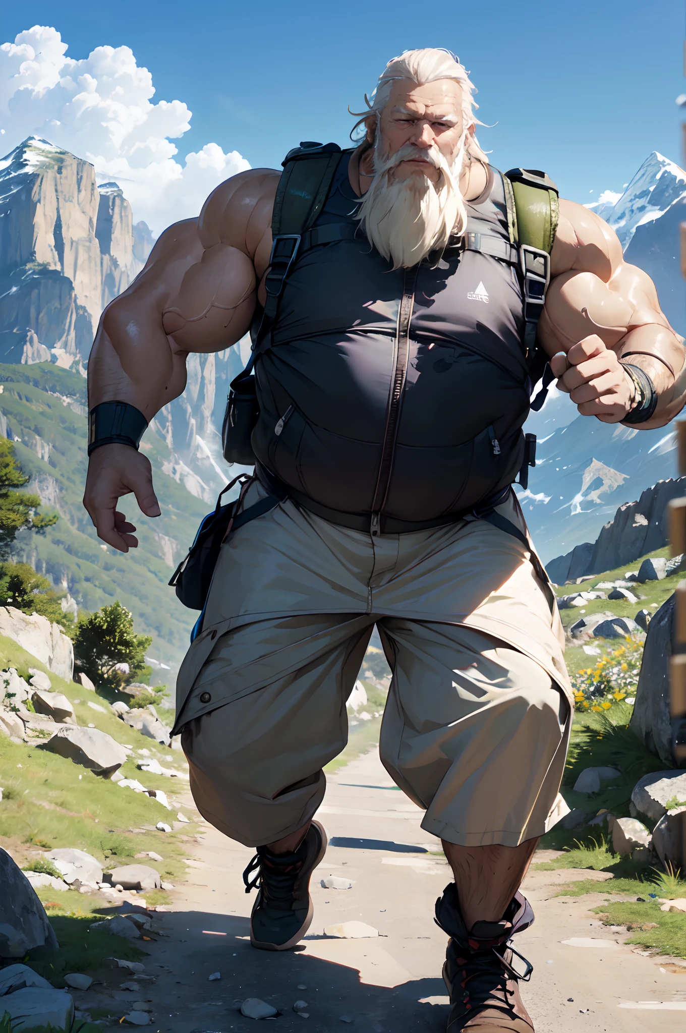 (best quality,4k,8k,highres,masterpiece:1.2),ultra-detailed,(realistic,photorealistic,photo-realistic:1.37),muscular,old man hiking in mountain,landscape,rocks,steep trail,adventure,heavy backpack,long white beard,strong arms,leather boots,exhausted,sweaty,majestic peaks in the distance,gusty wind,tall trees,cool breeze,determination,peaceful,calm,serene lighting