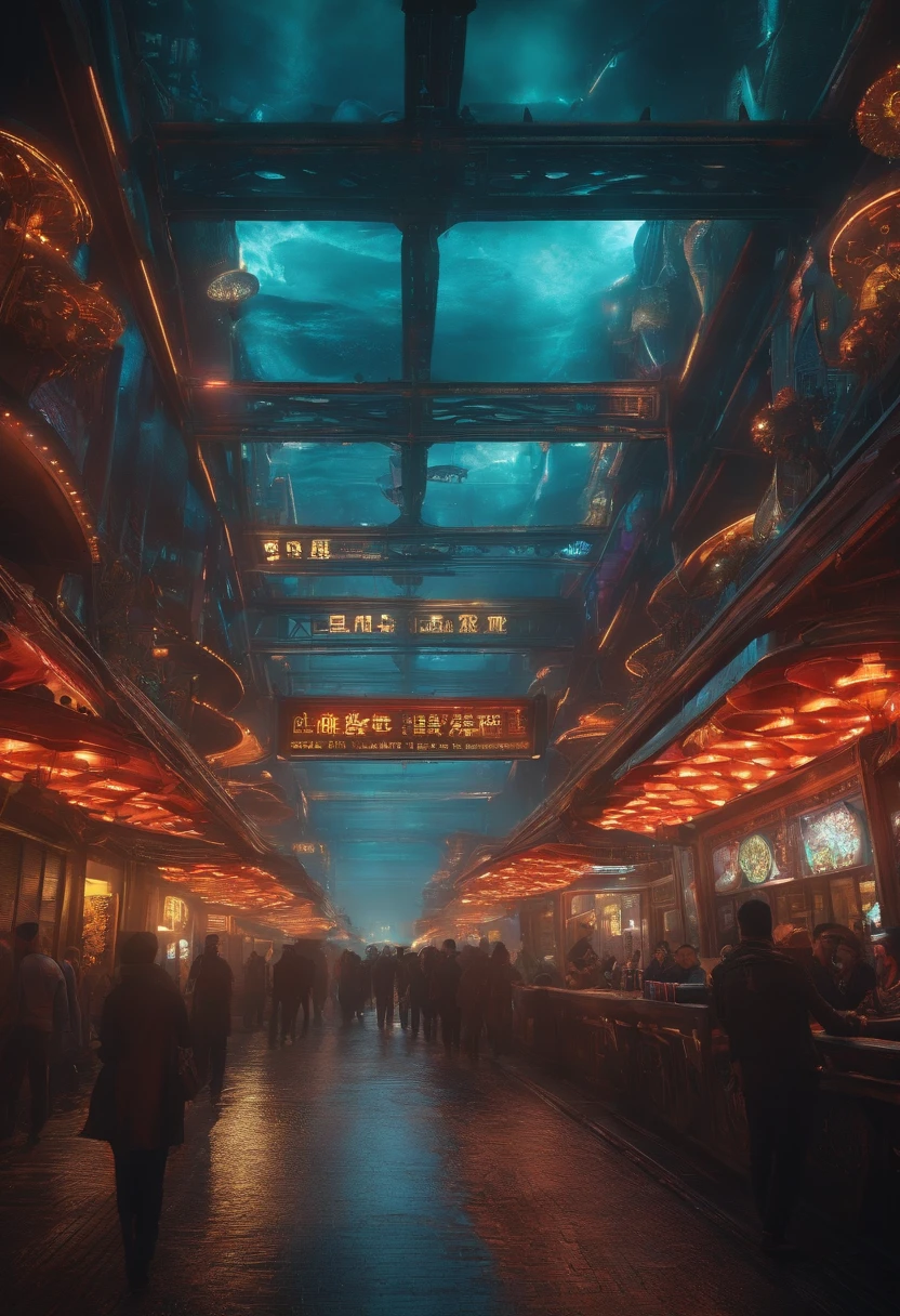 The festival is colorful and futuristic《Mass Effect Blade Runner》Spectacular film shooting in New China, Gorgeous submarine-style building, Colorful city lights, Neon signs, Airship in the sky, Futuristic steampunk shop restaurant, factory, bridge, Futuristic steampunk transport structure, intricately details , Busy, Imaginative, 4K, Rich colors, Bright neon signs and billboards, psychedelia, Realistic pulp art, photorealistic illumination and shadowing