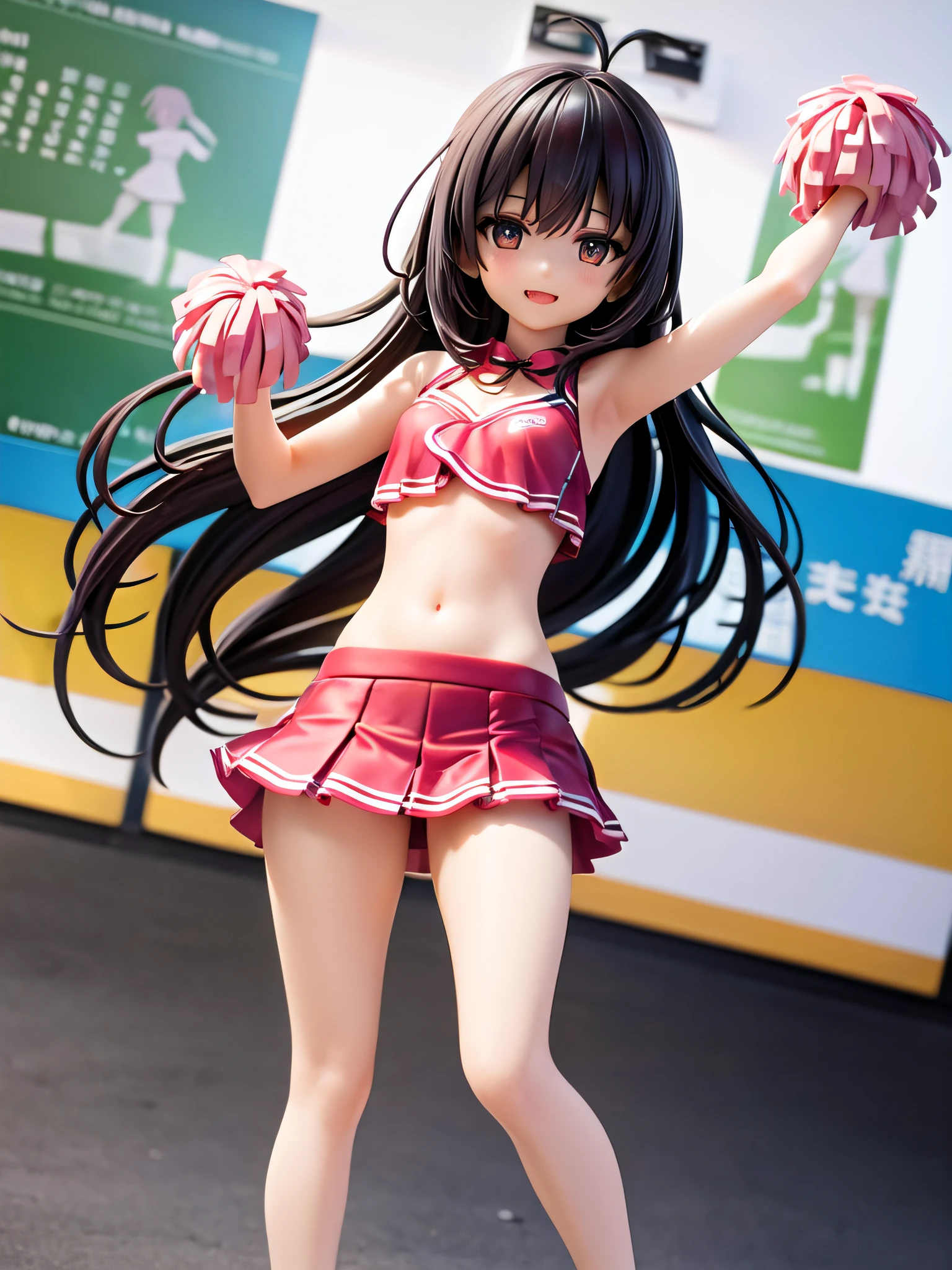 (Super lascivious cheerleader:1.3)、(Outside the stadium:1.0)、(tiny chest:1.1)、extremely delicate and beautiful,visual impact, grow,The ultra -The high-definition, Raw photography, top-quality, hight resolution, (masterpiece), (Photorealsitic:1.4), Anime Cosplay, foco nítido, nffsw,Unity 8k壁纸, intricate detailes, depth of fields,nffsw,amazing, contour deepening,front lit,(Oil Highlights:1.4), girl with, beautiful countenance、Very detailed background,ssmile、(A slender:1.5)、see -through、Big cheerleader posing with pom-pom in hand、Cheerleading in petite costumes,look from down