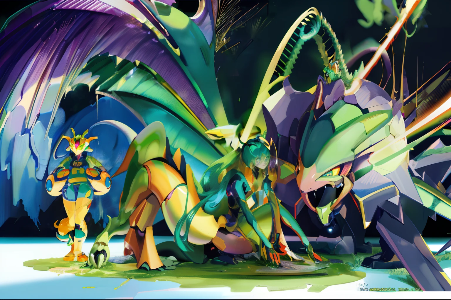 Alafe with green and orange body and legs, Full of insect robots, friendly humanoid insect robot, insectoid, Biopunk Cyborg Wasp, Steampunk robot ants, insects, Alien in the shape of a praying mantis, anthropomorphic praying mantis, Cyborg wasp, Alihumanoid, Complex hornet 3d rendering, Steampunk insect, mantis, Space Insect Android Pokemon、It is a type of Pokémon that is very popular and popular, Ultra-realistic photos of Rayquaza, illustration pokemon, conceptual mystery pokemon, new pokemon, class, mega legendary, Serpentine Pose, style of pokemon, Gold-green creatures, Leviathan, giratina, Portrait of the Zentaur, Official art, William Jenny's, Blue-green closeup of purple Pokémon character wearing colored hat, hq artwork, Dialga the Pokémon, Twilight Ray, Official art, ken sugimori art, during night!!, weird pokemon, Alphonse Frey, Eva, new pokemon, mew, similar to pokemon, shock waves, during night!, alphonse, full body portrait of a zentaur, Mewtwo Pokémon、It is a type of Pokémon, It is a type of Pokémon, goron brute, similar to pokemon, guggimon, shiny golden, alphonse, Gerbourg, giratina, ken sugimori art, class, Yellow Crystal Gems, golem, Golden Monster, concept art of pikachu, sonichu, He - there is a close-up of a bug with a Gog green face, digital painting of quetzalcoatl, Gold-green creatures, Sharp Digital Painting, shenron, tiger - crab creature, glossy digital painting, Ultra-realistic photos of Rayquaza, hyper detail illustration, Digital painting highly detailed, Ultra Detail. Digital Painting, Vibrant digital painting, colored screentone