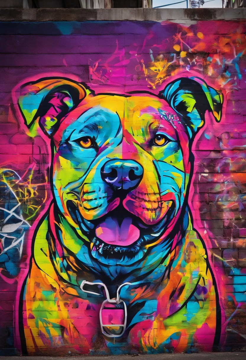 (one muscle,eccentric American bully is),(com orelhas fortes,with a fierce expression on his face),(em uma vibrante arte de grafite de rua),(with intricate details showing each fibrum muscle and vein),(em um estilo foto-realista),(Captured in high resolution with sharp focus),(under dramatic studio lighting),(highlighted with bright, bold colors),(mostrando a energia e intensidade da cena),(com uma paleta de cores escura e ousada),(illuminated by a dramatic spotlight),(surrounded by a chaotic urban setting),(with dynamic graffiti and colorful tags on the walls),(acentuado com efeito bokeh sutil),(exibindo uma mistura de tinta spray, Marcadores, and estênceis),(creating a sense of rebellion and underground urban culture),(contra um fundo de texturas arenosas e elementos grunge),(enfatizando a natureza crua e poderosa do sujeito).