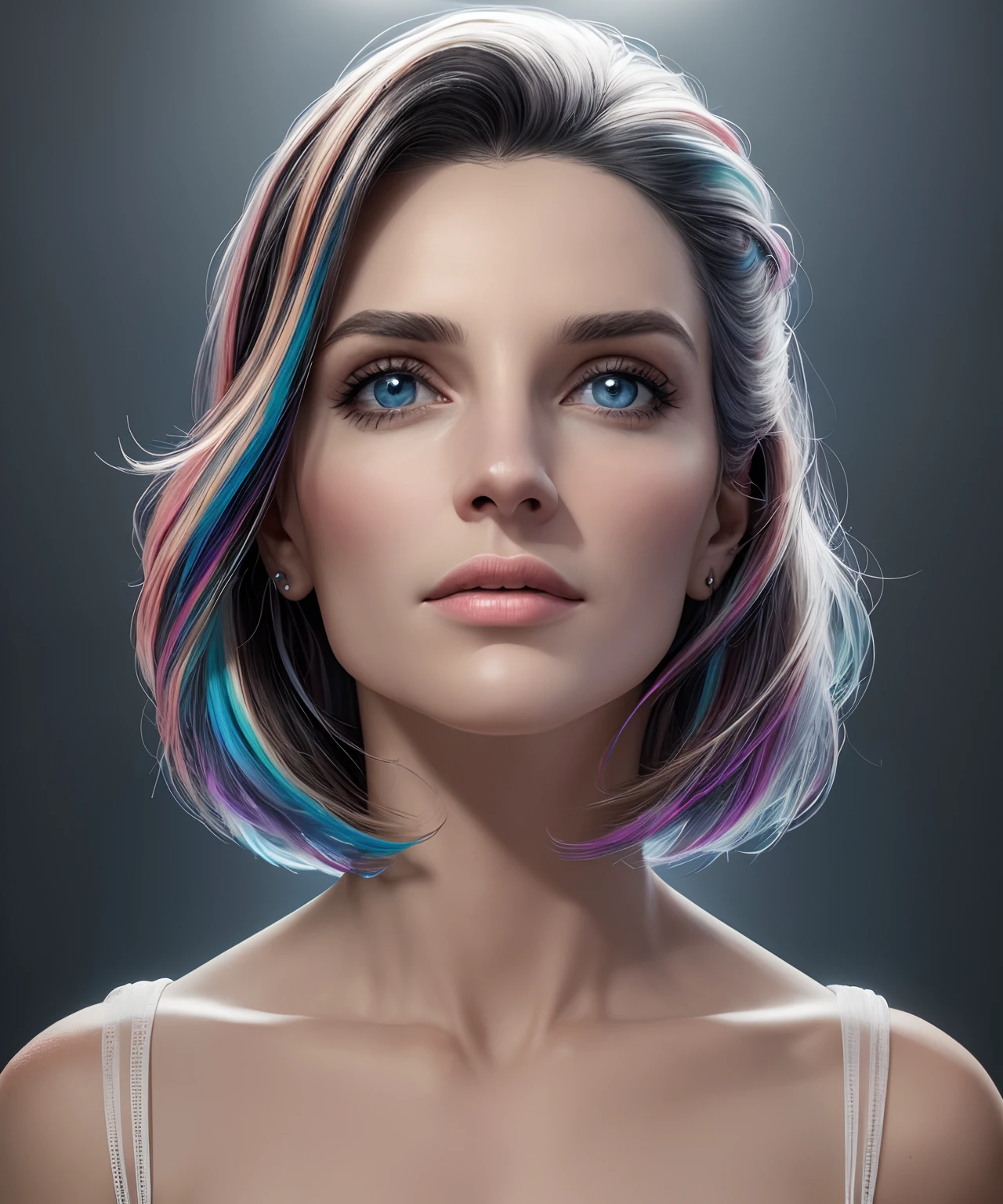 perfil de frente, cabelo branco, roupa leve, volumeric lighting, futurista, olhos multicoloridos, olhos detalhados, hiper detalhados, altamente detalhados, linda, pequenos detalhes, ultra detalhado, melhor qualidade, intrincado, hiper-realismo, clear, digital illustation, detalhado, realismo, intrincado, 4k, 8k, Trends in the Arts Station, boa anatomia, beautiful lighting, premiado, fotorrealista, sombras realistas, realistic lighting, beautiful lighting, raytracing, detalhes intrincados, mal-humorado, thirds rule, obra-prima, (illustration: 1.1), alta resolução, (CG extremamente detalhado, unidade, papel de parede 8k: 1.1), rosto bonito, rosto altamente detalhado, ultra realista, obra-prima , bokeh, extremamente detalhado, intrincado, zoomout, dark,