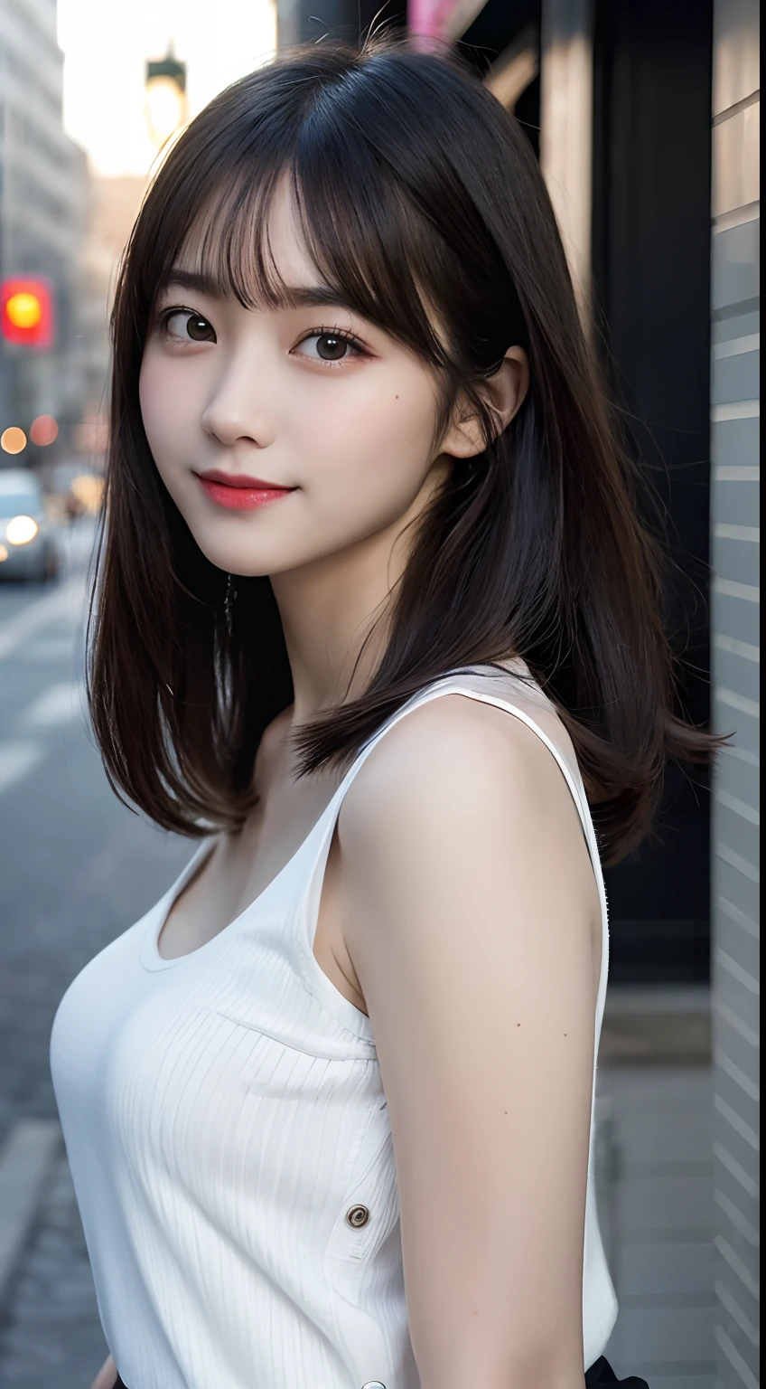 thin legs, , New York's Night View、blurred background, sidewalk, RAW photos, 8 thousand, best quality, ultra high resolution, beautiful face details, real human skin, soft expression, front view, angle from below, long hair, realistic, realistic, cute, lower body in panties, cute女子大学生, office lady, laugh、Japanese、Japanese美女、professional fashion model, whole body,perfect face、Perfect body line、Short hair style,Upper body photo、