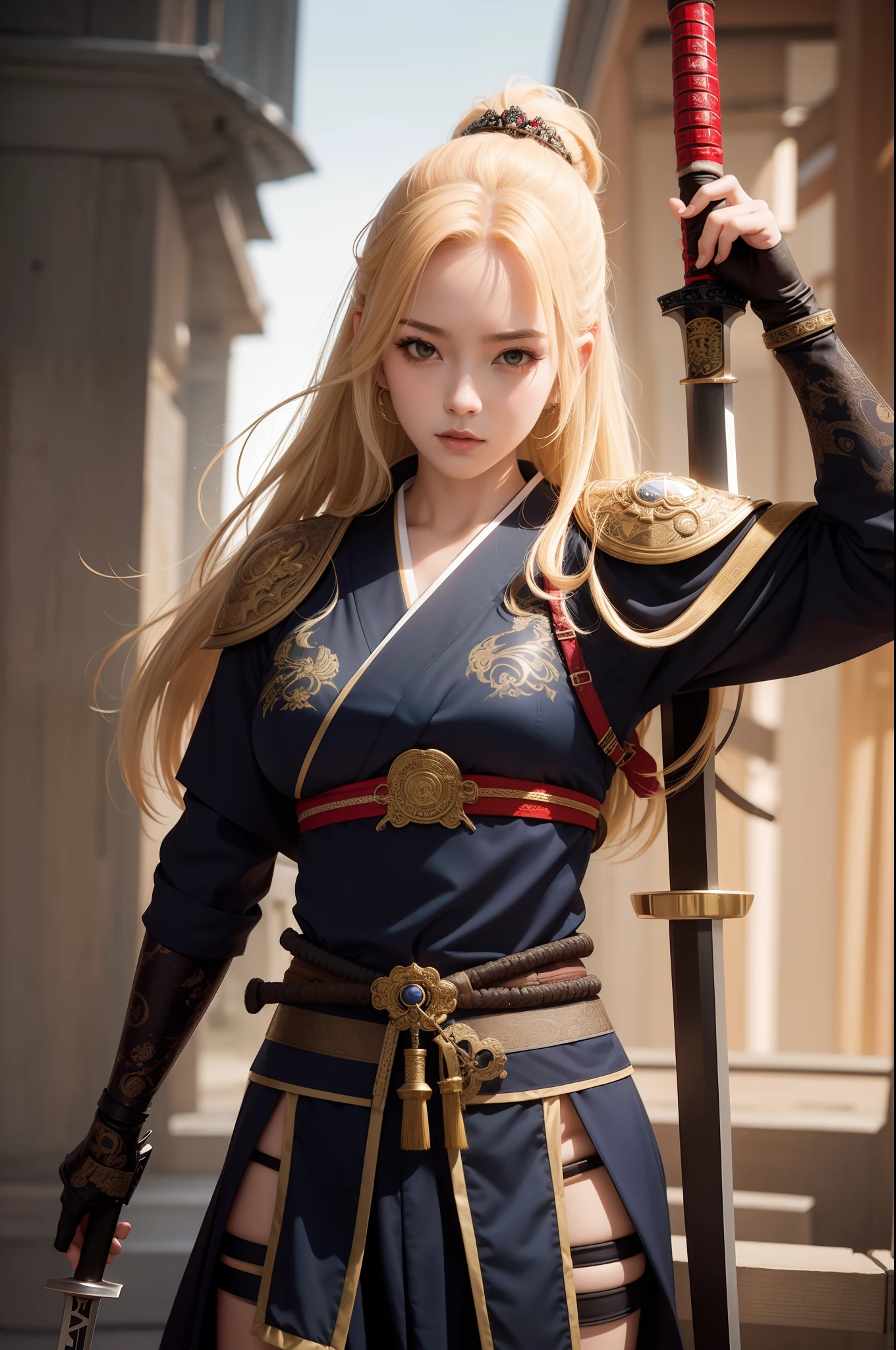 arafed woman in a costume holding a sword and a sword, she is holding a katana sword, very beautiful cyberpunk samurai, female samurai, wearing kimono armor, ornate korean polearm behind her, she is holding a sword, holding a sword on her shoulder, wearing kimono armour, dressed in samurai armour, portrait shot, samurai outfit, ornate cosplay, sexy look, big breast, sexy pose, show breast, light yellow hair