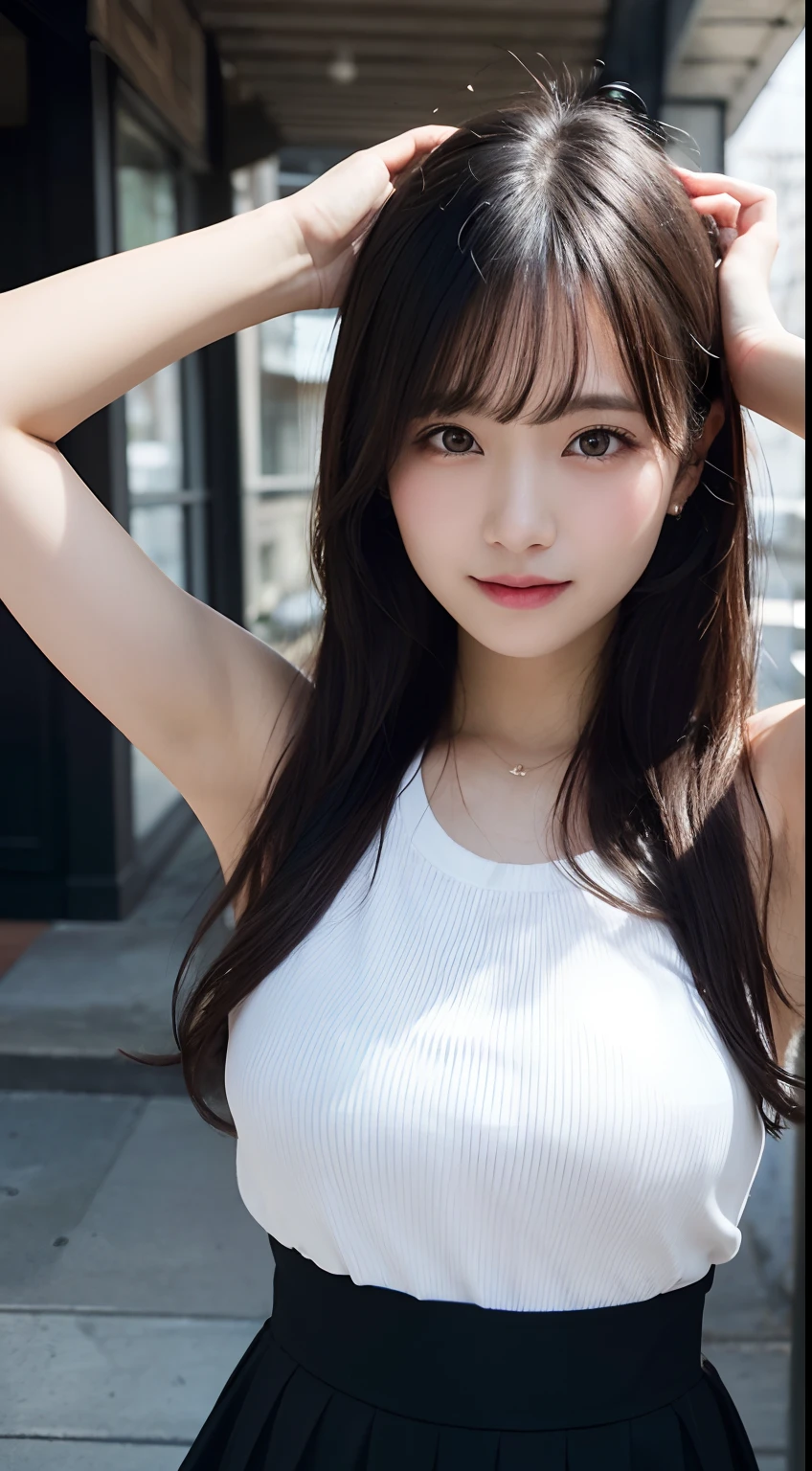 masutepiece、Best Quality、Illustration、 ultra-detailliert、hight resolution、8K Wallpapers、Perfect dynamic composition,、Beautiful detailed eyes、Women's Fashion Summer、Medium Hair、(Beautiful Large Breasts:1.3)、Natural Color Lip、Bold sexy poses、Smile、Harajuku、20 years girl、Cute、Sexy shot looking at camera、white clothes、No chest