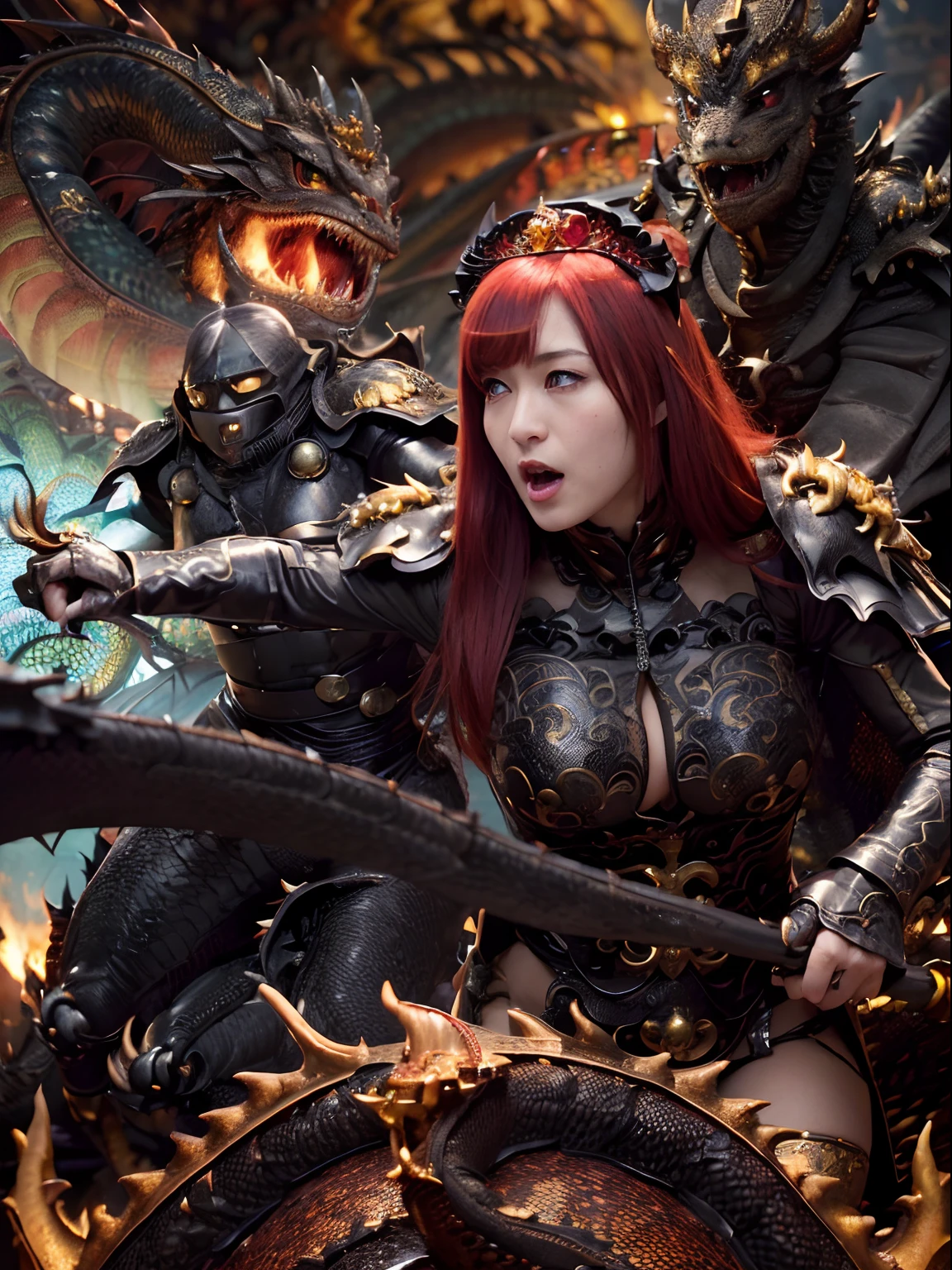 (The Ultimate Beauty Face), Professional , masterpiece、top-quality、photos realistic , depth of fields (Gemstone Black Metal Body:1.4),(Matte Black、(cleavage of the breast)、Dragon Gold Weapon,Mystical expression、Particles of light、((((Fight dragons)))、(Dragon Metal Body:1.4),Gorgeous Silver Weapons ,(( Dragon's dense and gorgeous sword)) , Beautiful knife ,warhammer 40k , adepta sororitas,Detail and gorgeous crown、((Red hair))、(Castle background)、、((Gangle's forest background))、Beautiful Caucasian beauty、1a person、dynamic ungle,(((Detailed and ornate Black Devil Crown)))、Smaller head、A smile、Castle background、Thin and beautiful female hands、cleavage of the breast、Soldier in iron armor on background、Mystical expression、Light Effects、intense fighting、Wind-effect、magic circles、With the legendary magic wand、(demonic wings)、