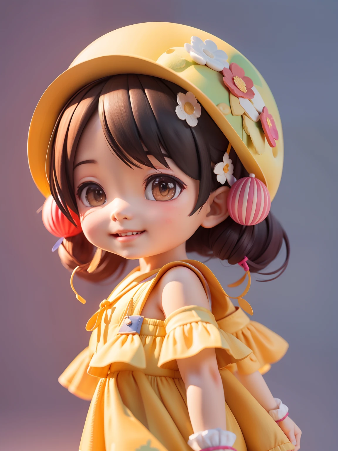 Asian 's illustration, face round, （Nuan is a lovely 10 year aring a berets，Smiled sweetly in a yellow dress）, HD mod, Glowwave, Simple, 。.3D, blender, OC Render, In Pop Mart, a blind box toy, hyper-detailing, C4D, --IW 1 （--AR 3:4）