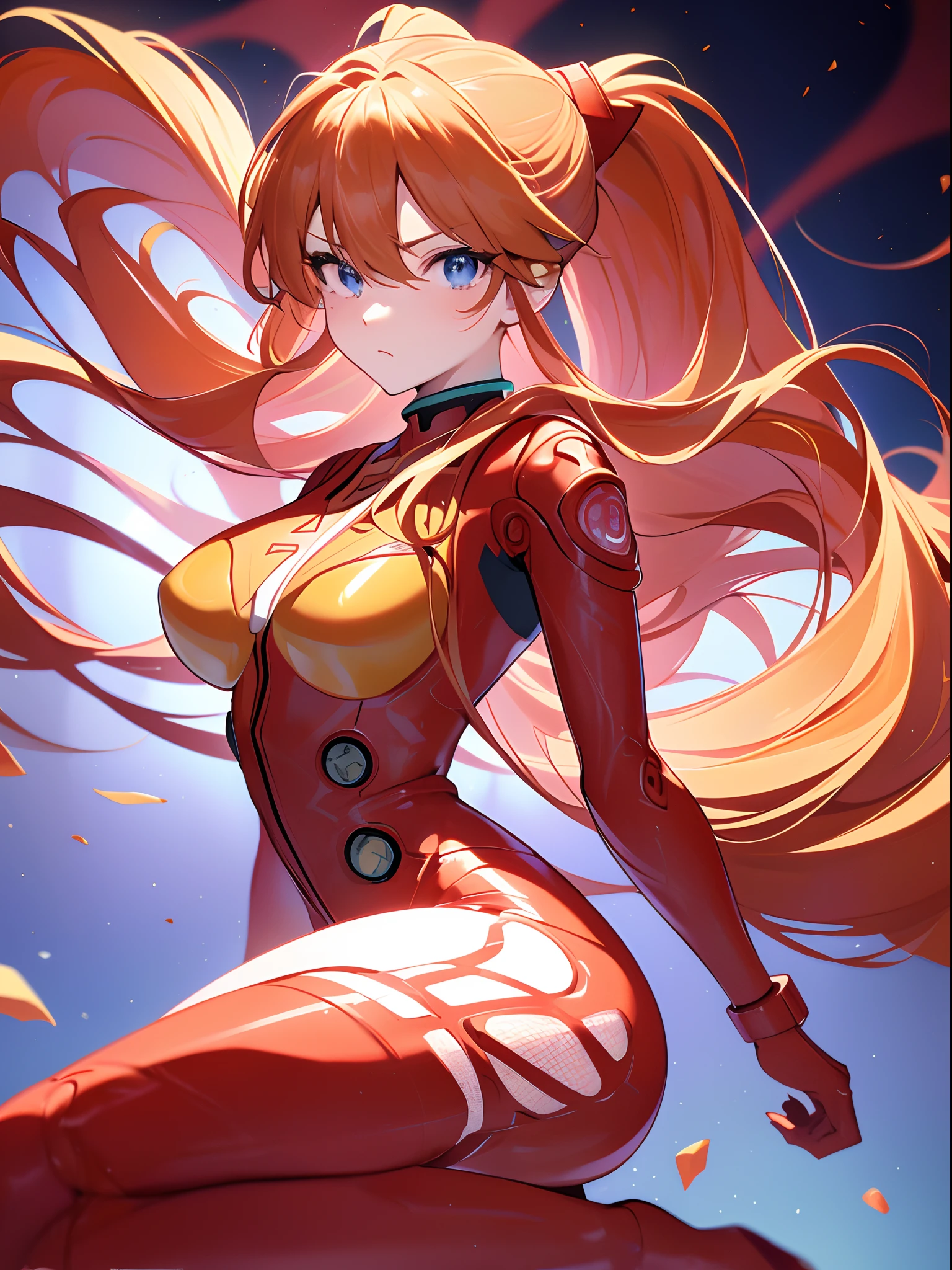 ((souryuu asuka langley,bodysuit,red plugsuit1.2,Blonde,low ponytail)),(Glowing eyes:1.233), diffuse reflection, high-profile, majestic,(frown,Tsundere,a very blushing face,adorable face,cute face,bishojo,kawaii,)(Beautiful and detailed eyes:1.3),1girl,Solo,(Masterpiece,Best quality, offcial art,Target the audience, Beautiful and aesthetic:1.2),(超高分辨率,Golden ratio), (4K), (looking from above),((colourful flower bouquet,)),Floating, (photo maping, Physically-based rendering,automatic white balance),Amazing,Sharp focus,night city,extreme  huge digital screen, (((high detailed skin,)))Dynamic lighting,Intricately detailed clothing,Watery eyes,(masterpiece sidelighting),(a beauty girl,The sheen),[[Delicate fingers and hands:0.55]::0.85],(Detail fingers),((((BREAK,Design an image with a fisheye lens effect, capturing a wide field of view with a distinctive, curved perspective.BREAK,)))Superior photographic quality,((extremely_Detailed_Eyes_and_face)),(Disheveled hair),Movie girl,