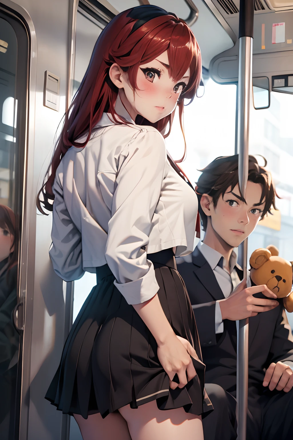 grasp、、High school girl in sailor suit grabs butt on bus、pleatedskirt、a beauty girl１a person、teddy bears１a person、Grabbing the buttocks、molesting、Touching your buttocks on the bus、夏天、red blush、