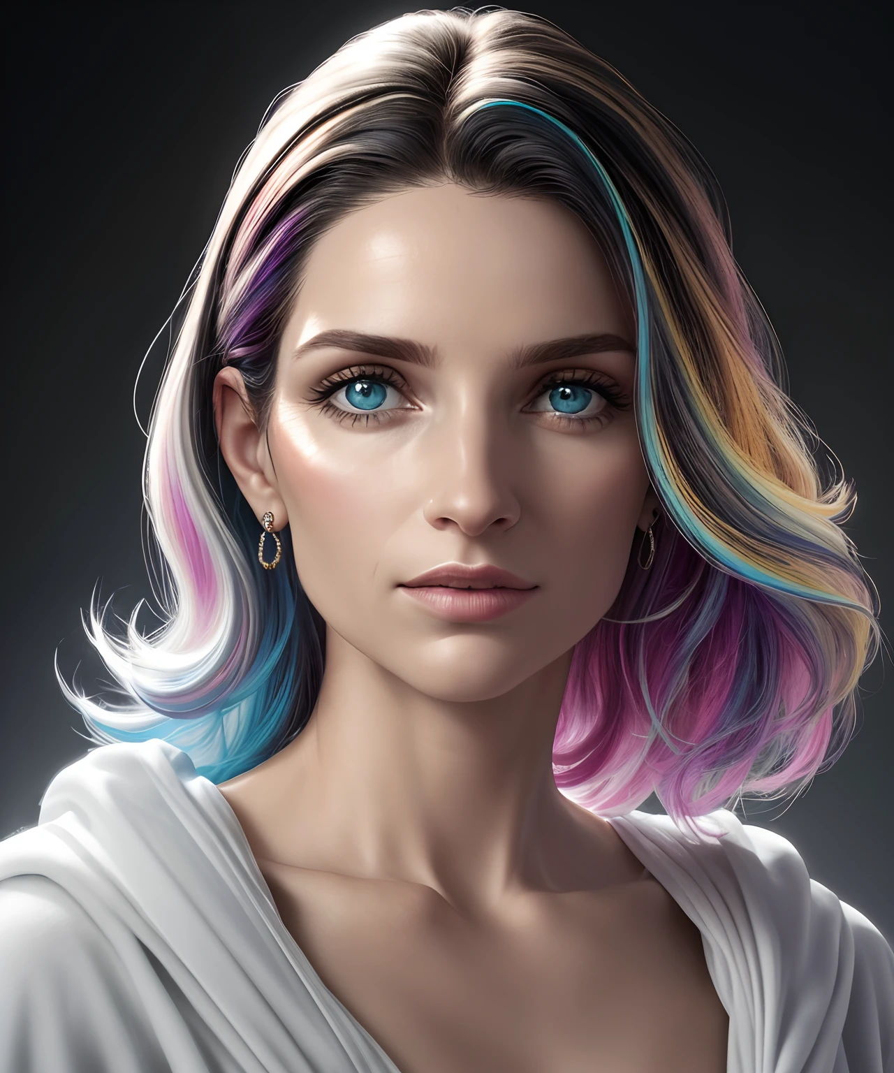 perfil de frente, cabelo branco, roupa leve, volumeric lighting, futurista, olhos multicoloridos, olhos detalhados, hiper detalhados, altamente detalhados, linda, pequenos detalhes, ultra detalhado, melhor qualidade, intrincado, hiper-realismo, clear, digital illustation, detalhado, realismo, intrincado, 4k, 8k, Trends in the Arts Station, boa anatomia, beautiful lighting, premiado, fotorrealista, sombras realistas, realistic lighting, beautiful lighting, raytracing, detalhes intrincados, mal-humorado, thirds rule, obra-prima, (illustration: 1.1), alta resolução, (CG extremamente detalhado, unidade, papel de parede 8k: 1.1), rosto bonito, rosto altamente detalhado, ultra realista, obra-prima , bokeh, extremamente detalhado, intrincado, zoomout, dark,