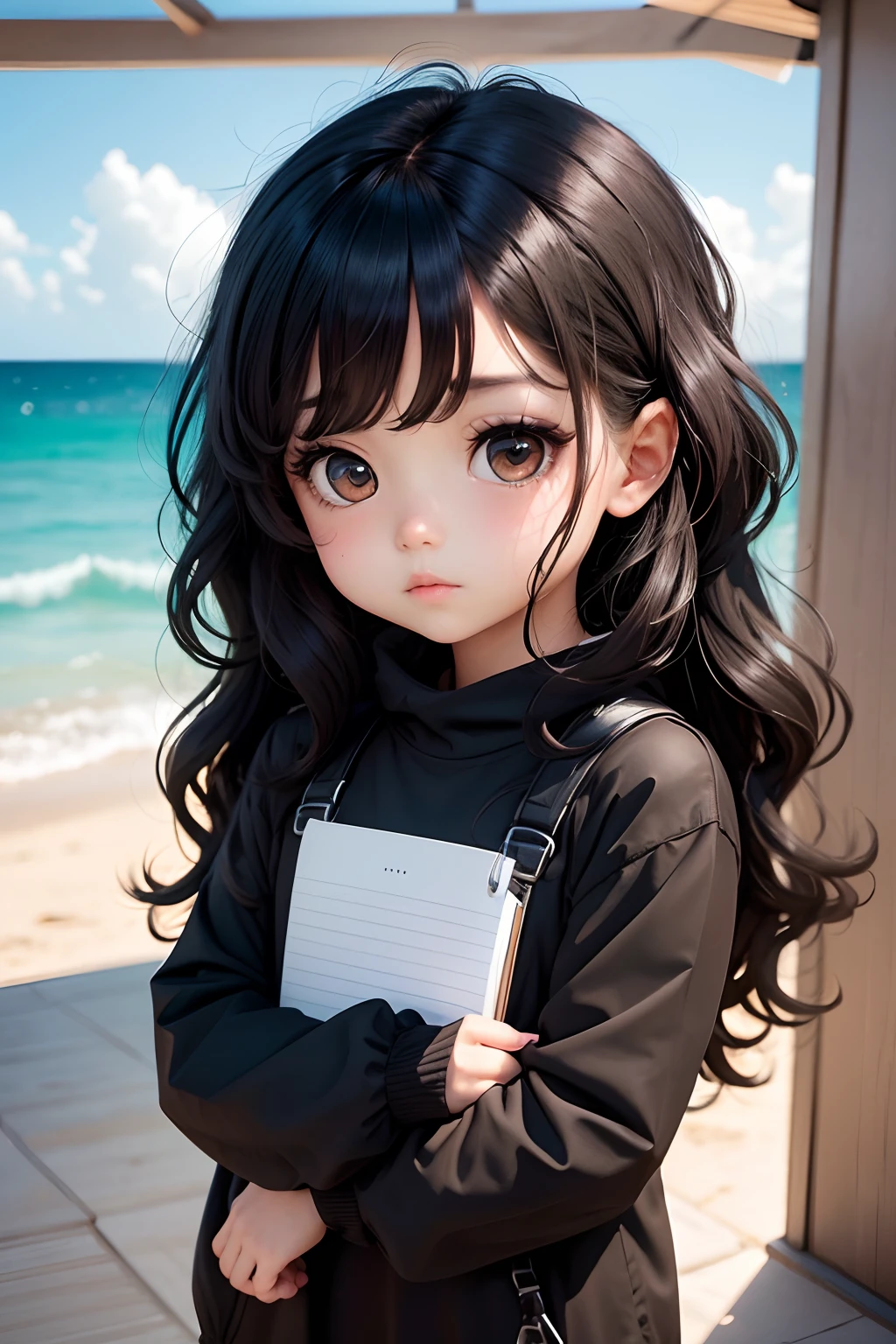 Create a series of cute chibi girls, tanning skin, big dark eyes, black wavy hair, black clothes, holding a notebook in their hands
