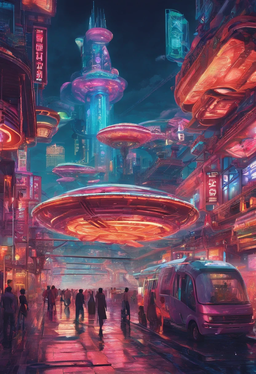 The festival is colorful and futuristic《Mass Effect Blade Runner》Spectacular film shooting in New China, Gorgeous submarine-style building, Colorful city lights, Neon signs, Airship in the sky, Futuristic steampunk shop restaurant, factory, bridge, Futuristic steampunk transport structure, intricately details , Busy, Imaginative, 4K, Rich colors, Bright neon signs and billboards, psychedelia, Realistic pulp art, photorealistic illumination and shadowing