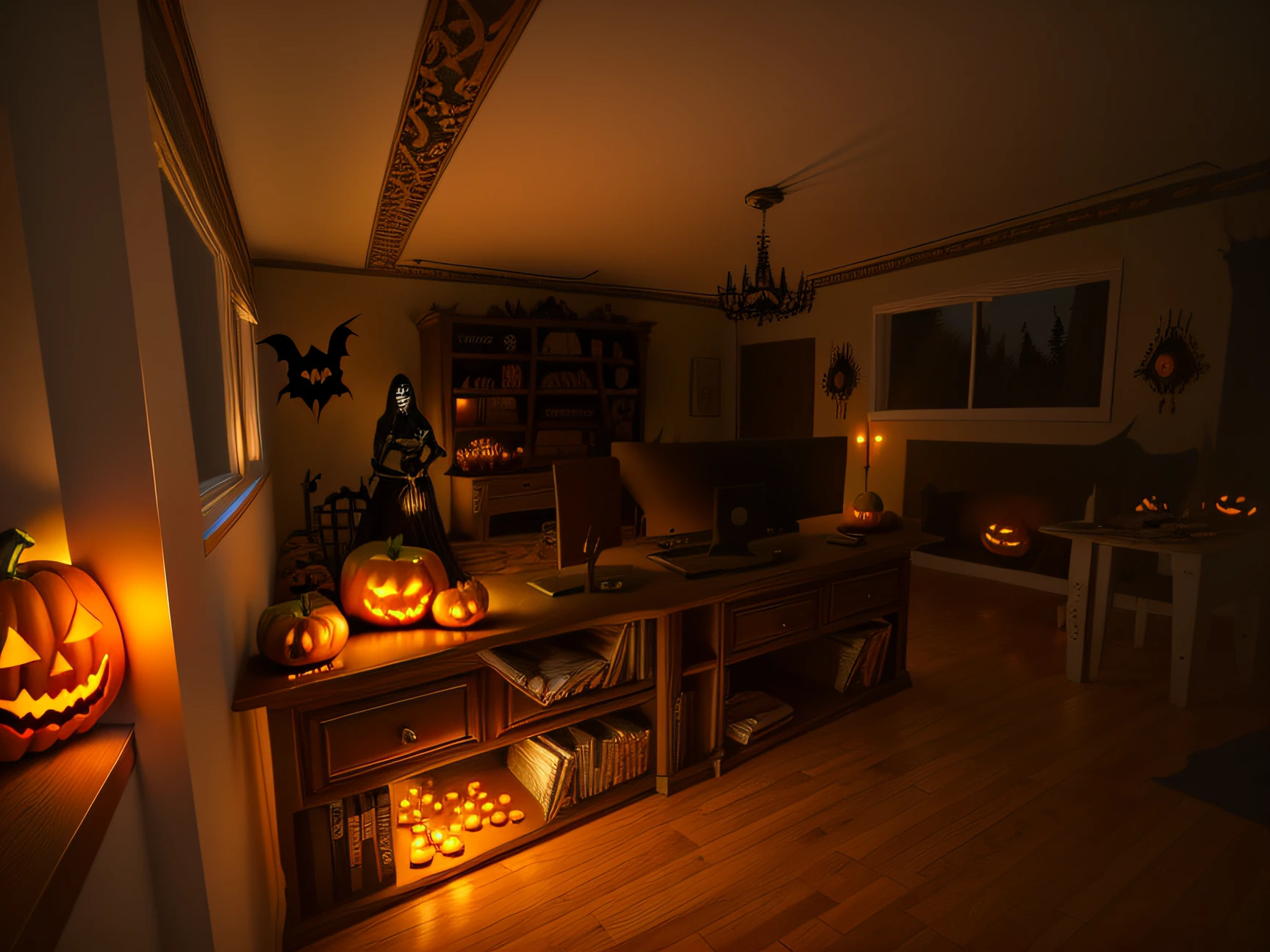 leave this image Halloween-themed, with pumpkins, caveiras, bruxas e fantasmas de maneira mais sutil, keeping furniture and windows in the same place