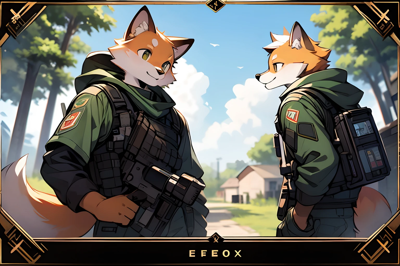 Frame of trading card, UI markings in the upper-right and lower-left corners of the gameplay style card.dark green tone. A -yeld ore-haired little fox and a white-haired scout crouch behind a tree,Aim the sniper rifle at distant targets. He wore a camouflage jacket and pants,With bulletproof vest. Meticulous post-war military scenes, soft-focus technique