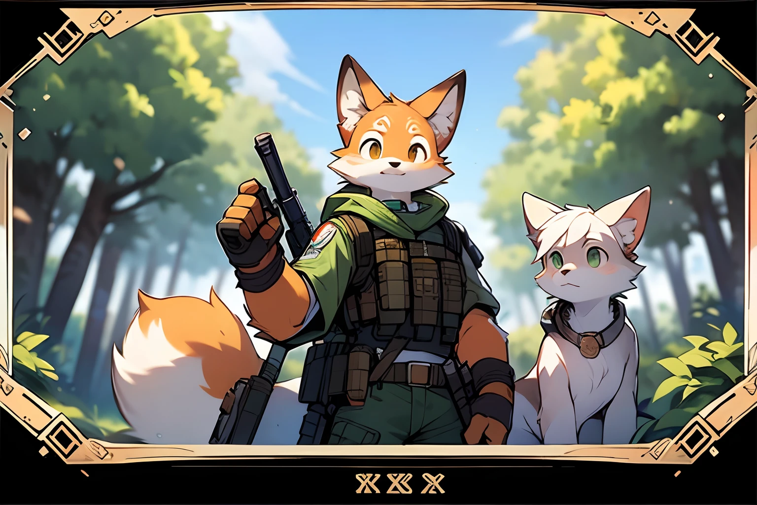 Frame of trading card, UI markings in the upper-right and lower-left corners of the gameplay style card.dark green tone. A 14-year-old orange-haired little fox and a white-haired scout crouch behind a tree,Aim the sniper rifle at distant targets. He wore a camouflage jacket and pants,With bulletproof vest. Meticulous post-war military scenes, soft-focus technique