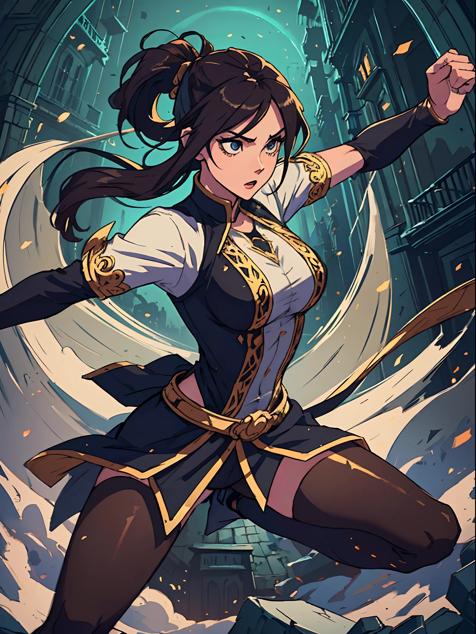 anime, fighting stance, action, dynamic pose, beautiful woman, medium breasts, ornate clothes, breastless clothes, , horror \(theme\), (Masterpiece, Best Quality, High Quality, Highres:1.4), Detailed, Extremely Detailed, Ambient Soft Lighting, 4K, silhouette, architecture
