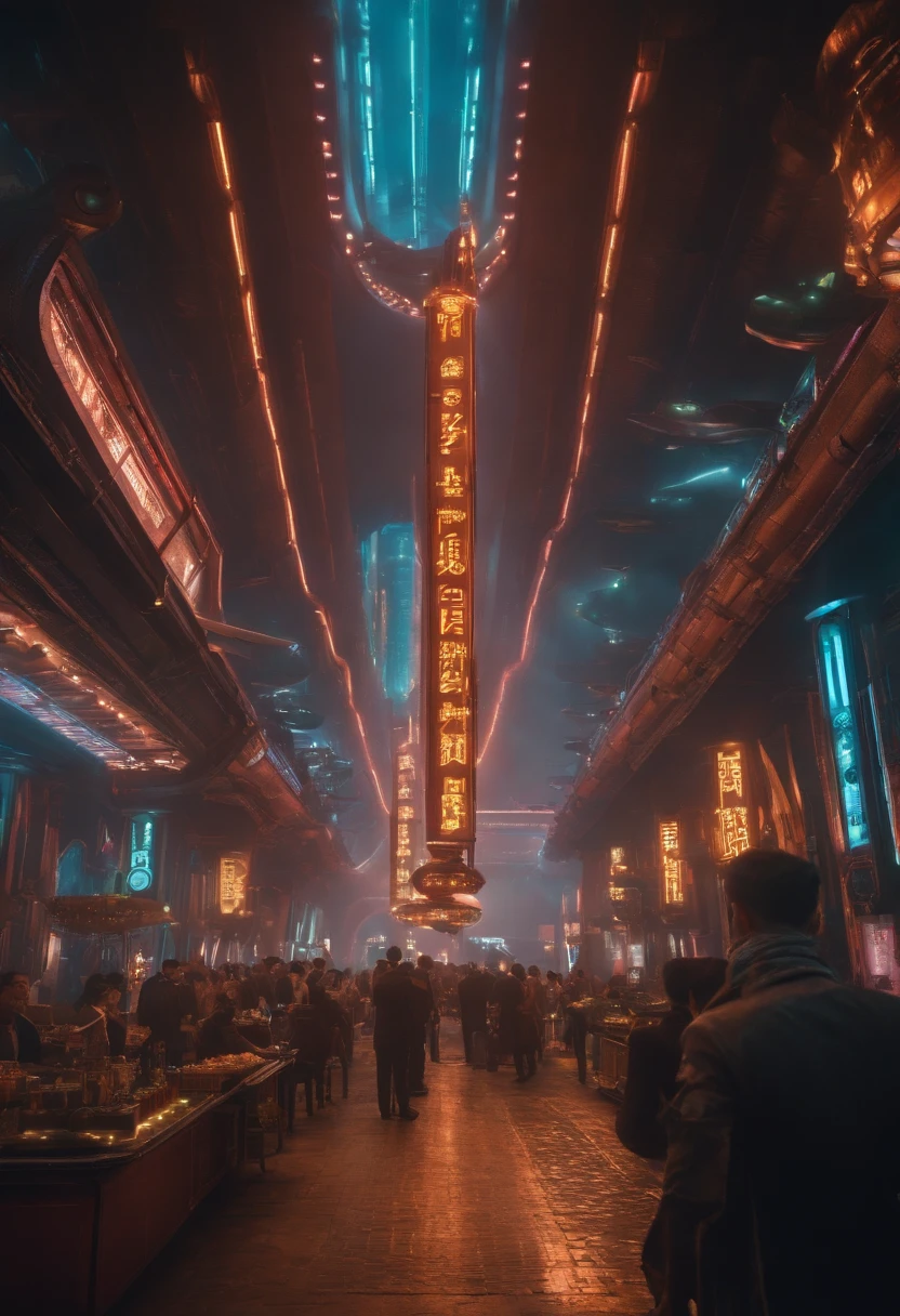 The festival is colorful and futuristic《Mass Effect Blade Runner》Spectacular film shooting in New China, Gorgeous submarine-style building, Colorful city lights, Neon signs, Airship in the sky, Futuristic steampunk shop restaurant, factory, bridge, Futuristic steampunk transport structure, intricately details , Busy, Imaginative, 4K, Rich colors, Bright neon signs and billboards, psychedelia, Realistic pulp art, photorealistic illumination and shadowing