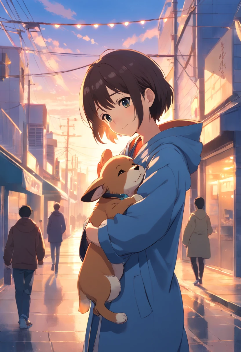 holding a small puppy. The scene should radiate a healing and heartwarming atmosphere, possibly set in a bright and warm environment, with soft background colors to enhance the soothing feeling. The girl should have a joyful and loving expression, and the puppy should look very happy and comfortable in her arms. Overall, the image should convey a sense of happiness and love, resembling a comforting and therapeutic moment.