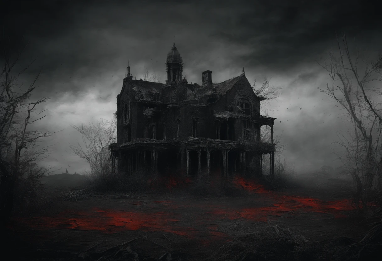Post-apocalyptic war, tonos de color blanco, negro, Red and rust colors, sobrevivientes, vegetation, sombras, gloomy atmosphere, oscuridad, ((noche)), amplitud de paisaje, portada de un libro