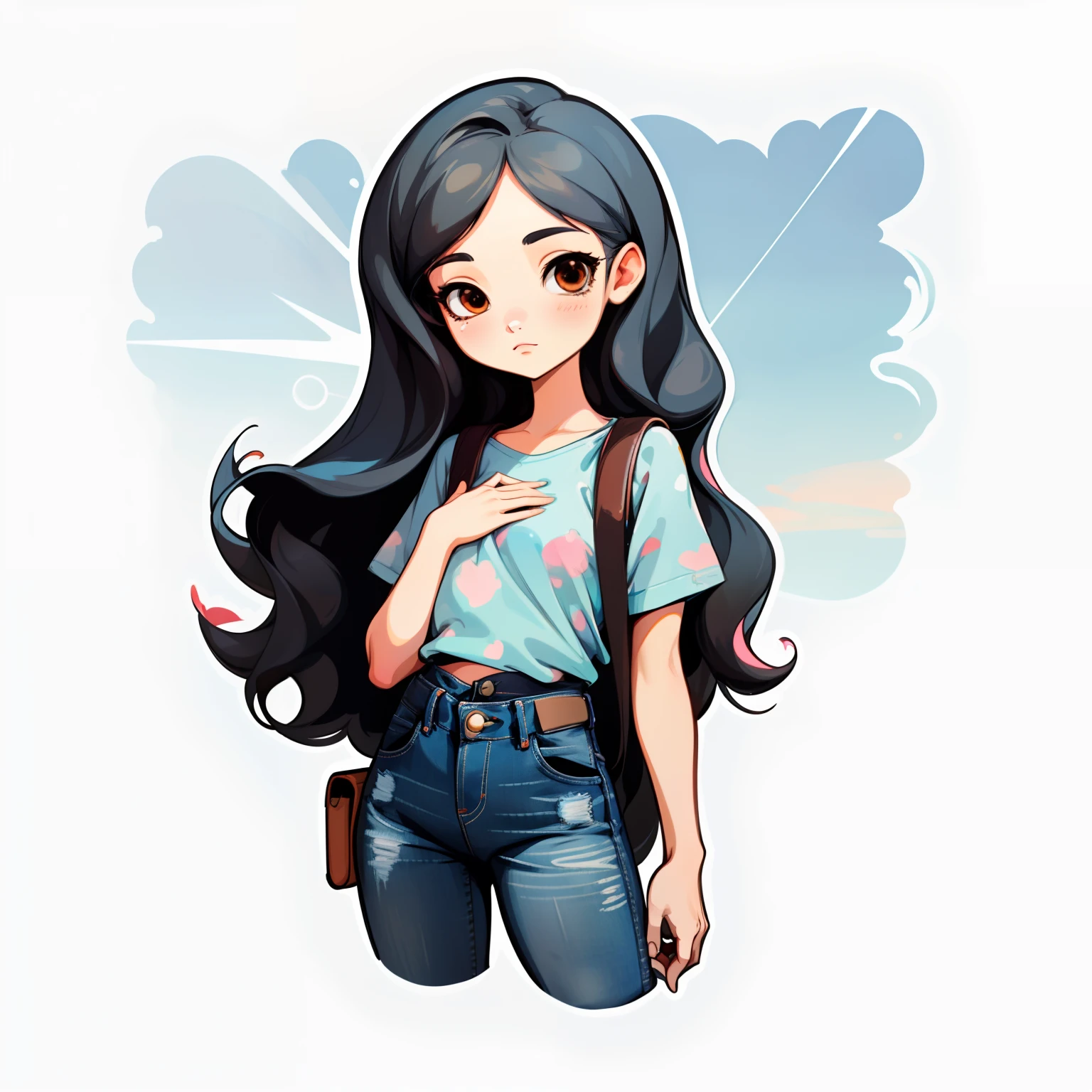 1 sticker, handbook, (a stylish girl, black long hair, brown eyes , model,  sky blue blouse, jeans, cool and cool), white background, simple background, minimal, cute, tiny, pastel color, vector style, no gradient