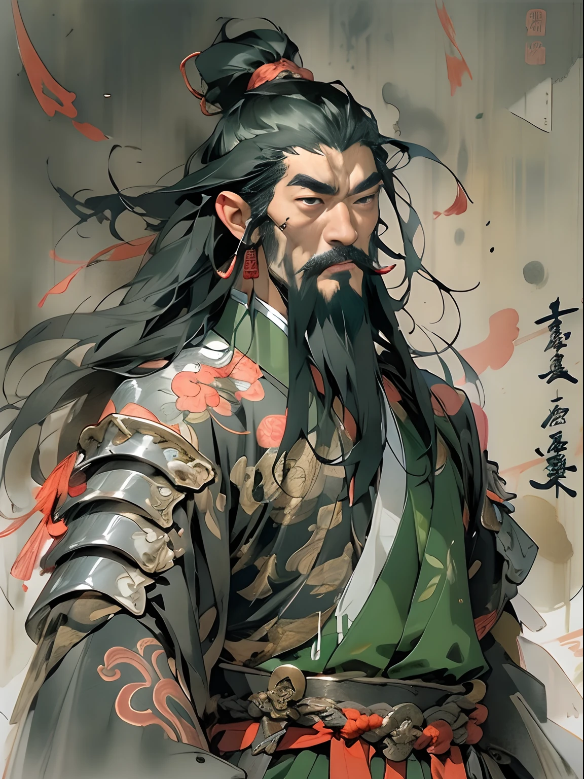 (((China-style,Ink painting method,Half-length portrait,Intense color,Han dynasty, China,Hanfu,Armor,Guan yu,Guan Yunchang,of a guy,Ruddy killing square face,Hold it with your right hand(Close the knife)Qinglong Weir Moon Knife,Stroke your beard with your left hand,Long hair,petty eyes,Green robe))), (((best qualityer))), (((tmasterpiece))), (((AS-Adult))), ((( Japanese ))), Look up from your knees, Handsome Asian samurai,perfect body figure, Modern samurai, ((( Asian))), Wear gloves on your hands,The left arm is made of steel and metal tips,Made of protective devices, The eyes are pulled, (( Appears below the chest )), (( Small dental floss )), Simon Bisley, Almost naked(Simon Bisley)Castle City Wilderness,For high-resolution posters, hair straight, Minimum clothing, armure (Crazy clothes ), Full of tips and rivets, tribal tattoos, (((full bodyesbian))), Straight brunette hair,Colored hair ends