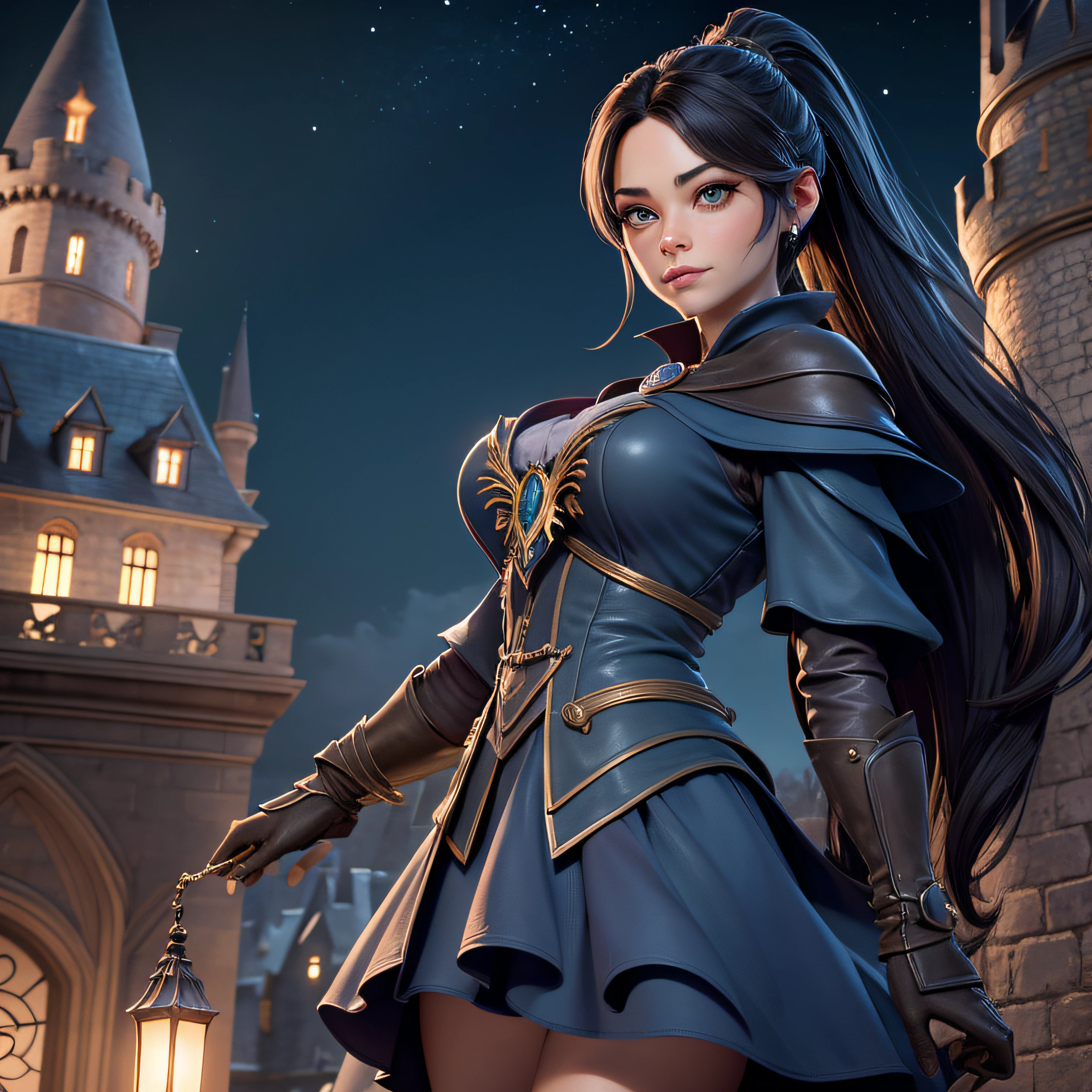 Kristin Kreuk as the Hogwarts Witch (Ravenclaw) brune, devant le chateau de Hogwarts. beautiful green eyes. Witch's dress in the colors of blue and silver. Elle a de longs cheveux bruns. Ponytail. Nuit de pleine lune, Hogwart's castle in the background. Illuminated by moonlight and lamps in the city. chef d'oeuvre. golden ratio. highly detailed. plan large. very large plan.