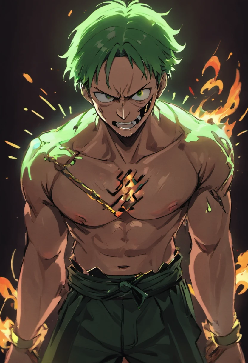 Design a gripping poster featuring zoro from "One Piece" in a fit of rage. Capture the essence of his burning determination and unyielding spirit as he unleashes his wrath upon his enemies. Keep it short, bold, and intense to convey the raw power of zoro's anger., Hypnotic, Androgynous, Gadgetpunk, face shot, Cinema4D rendering, Depth of field, Tapestry, black colors, Classical Realism, glow in the dark lighting, Hyper realistic, dramatic shadows, film noir style, 4k