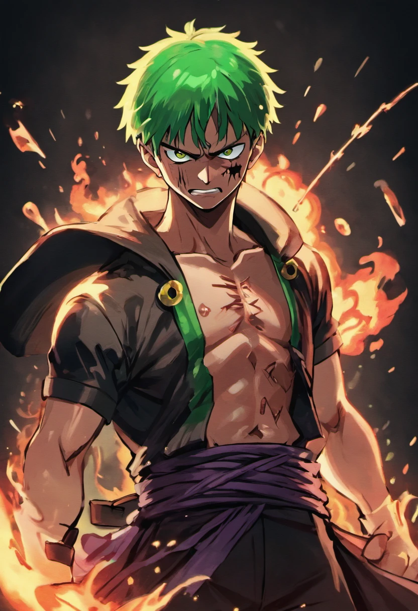 Design a gripping poster featuring zoro from "One Piece" in a fit of rage. Capture the essence of his burning determination and unyielding spirit as he unleashes his wrath upon his enemies. Keep it short, bold, and intense to convey the raw power of zoro's anger., Hypnotic, Androgynous, Gadgetpunk, face shot, Cinema4D rendering, Depth of field, Tapestry, black colors, Classical Realism, glow in the dark lighting, Hyper realistic, dramatic shadows, film noir style, 4k