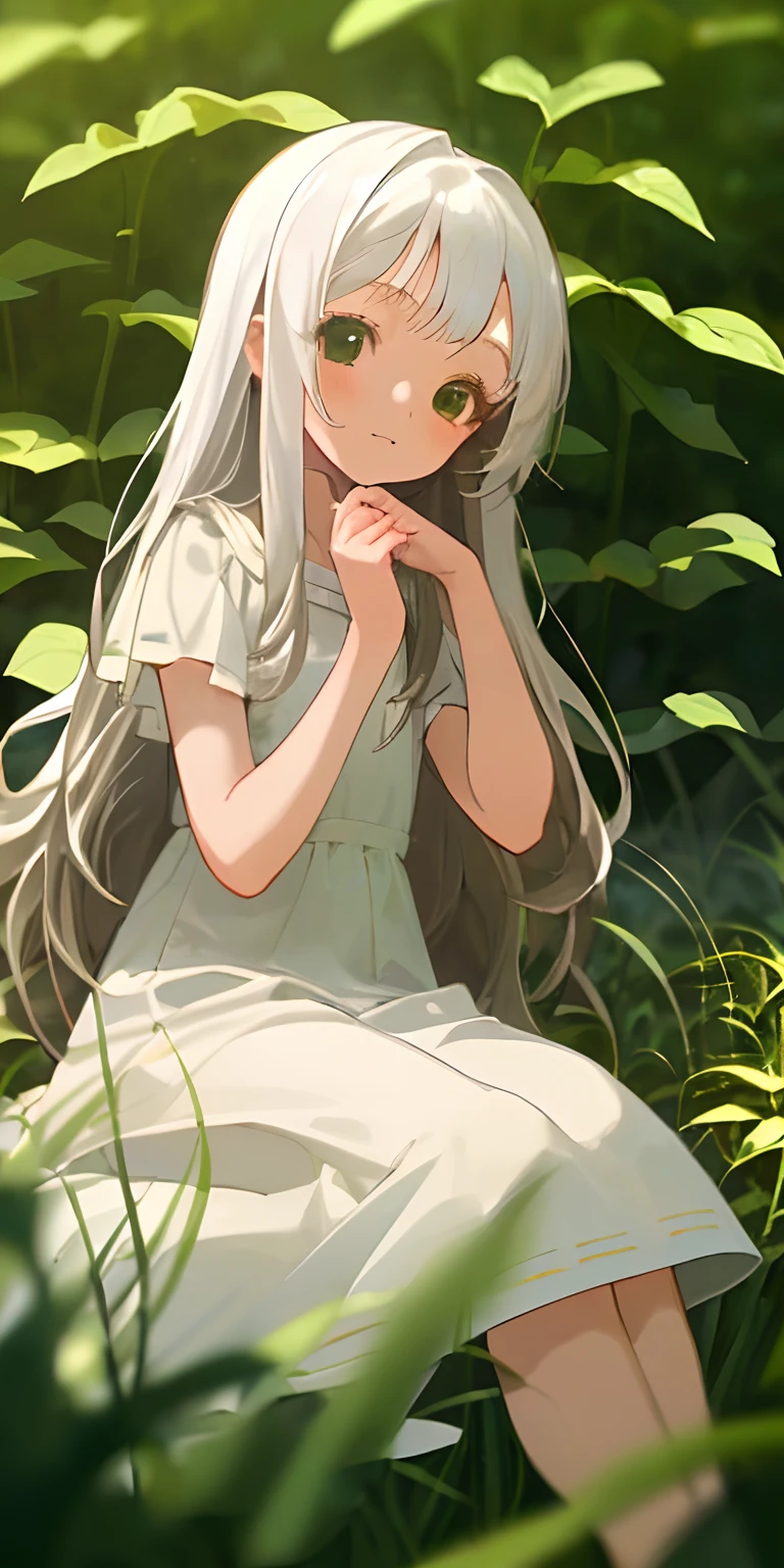 (masterpiece, best quality),1 li girl with long white hair sitting in a field of green plants and flowers, her hand under her chin, warm lighting, white dress, blurry foreground