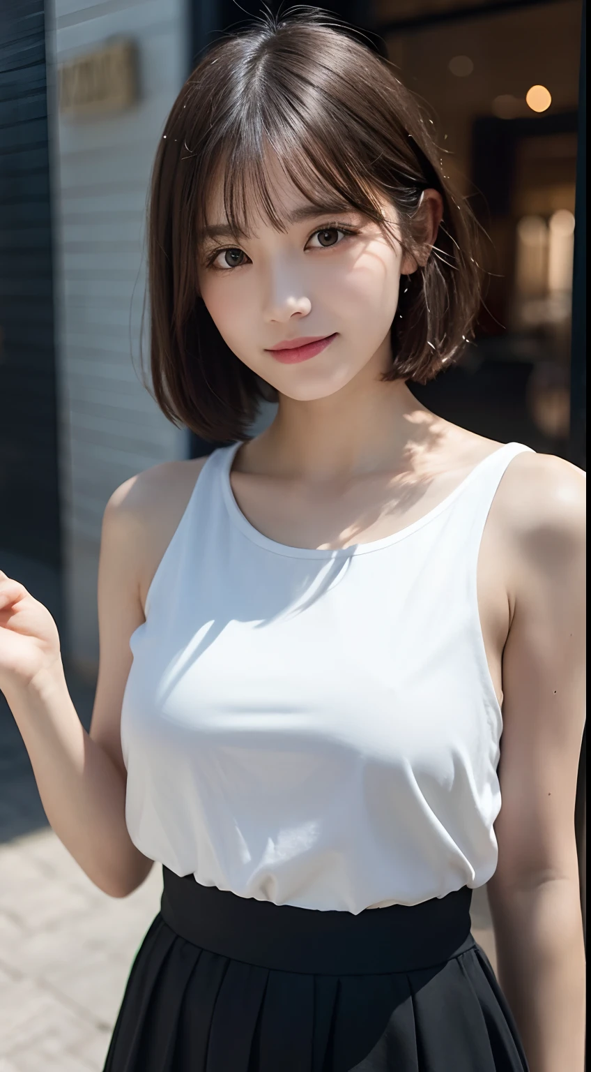 beautiful girl, (:1.3), (Small and slender figure), ((whole body:1.5)), (Slender body line), Medium Bob Cut, (Trendy high school girl fashion:1.5), (Close-fitting outfit:1.3), (A sly smile:1.3), (Smooth clavicle:1.3), (double eyelid), (Heart-shaped pupils:1.3), (Natural Lip Gloss:1.2), (Brown hair with dazzling highlights:1.3), (Silky straight hair:1.3), (Tight waist:1.3), (Detailed eyes:1.3), (Attractive big eyes:1.3), (Smooth and fair skin:1.3), (Best Looks:1.3), (Beautiful armpit shape:1.3), (Detailed skin texture), (Parting the bangs), (Photorealistic:1.4), (Professional Lighting), (Accurate Shadows:1.2), (looking at the camera:1.2), (((Highest quality, Ultra high definition, Masterpiece))), (Perfect Anatomy), (Beautifully shaped nose:1.3)