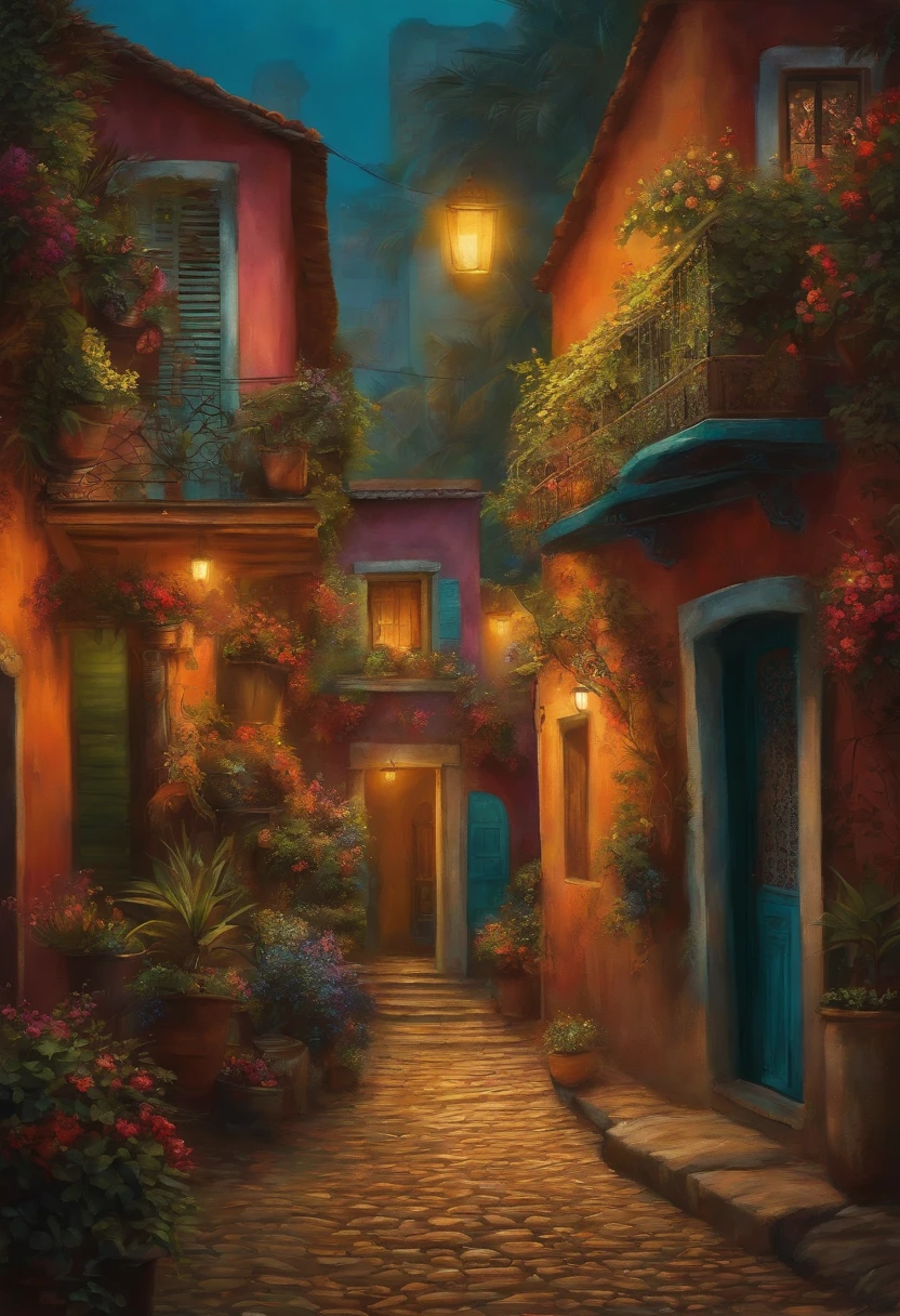uma pintura de uma pintura de uma cidade com pessoas e animais