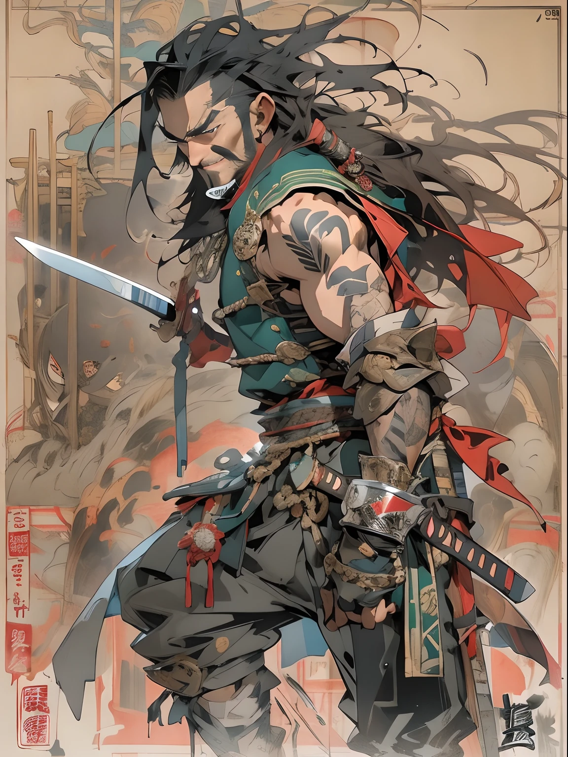 (((mtu))), (((best qualityer))), (((tmasterpiece))), (((AS-Adult))), ((( Japanese ))), Look up from your knees, Handsome Asian samurai，perfect body figure, Modern samurai, ((( Asian))), Wear gloves on your hands，The left arm is made of steel and metal tips，Made of protective devices, The eyes are pulled, (( Appears below the chest )), (( Small dental floss )), Simon Bisley, Almost naked（Simon Bisley）Castle City Wilderness，For high-resolution posters, hair straight, Minimum clothing, armure (Crazy clothes ), Full of tips and rivets, tribal tattoos, (((full bodyesbian))), Straight brunette hair，Colored hair ends