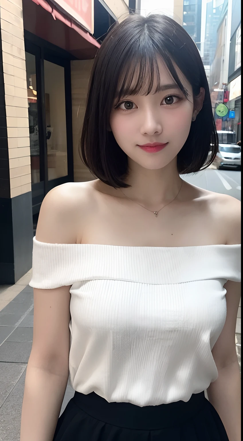 randome pose, mix4, (8K, Raw photography, top-quality, masterpiece: 1.45), (realisitic, Photorealsitic: 1.37), one girls, cute little, A smile、Cityscape, natta, profetional lighting, cafes,Street,photon maping, Radio City, physically-based renderingt, Gradient black hair, white hair, Short Bob Cut Straight Hair,gals,a handsome, girl with, large full breasts,off shoulders, Tight clothes,Onepiece,Tight skirt,top quality photo, hight resolution, 1080p, (clearface), (Detailed face description), (Detailed hand description), (masterpiece), realisticlying, extreme light and shadows, dishevled hair, masterpiece, lush detail, (Fine facial features), (Highest Quality Photos), (masterpiece), (finely eye), dual、Look in front of you, Fine clavicle,Emphasis on the armpits、Show lower milk