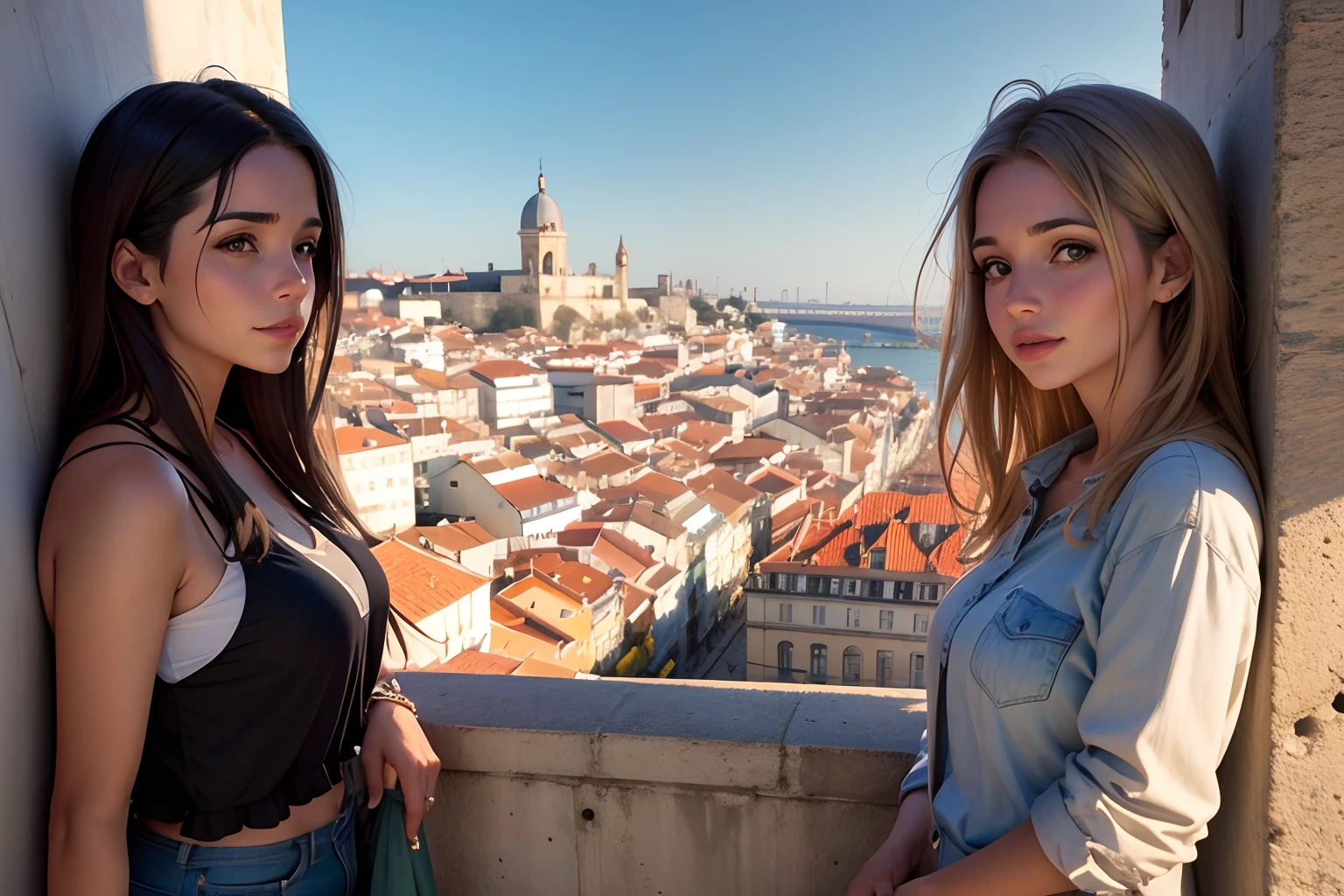 lisboa ao fundo, qualidade superior、Retratado em detalhes、portugal、pessoas olhando do alto,Paisagem urbana europeiauma visao mais aberta, editado no adobe premiere、