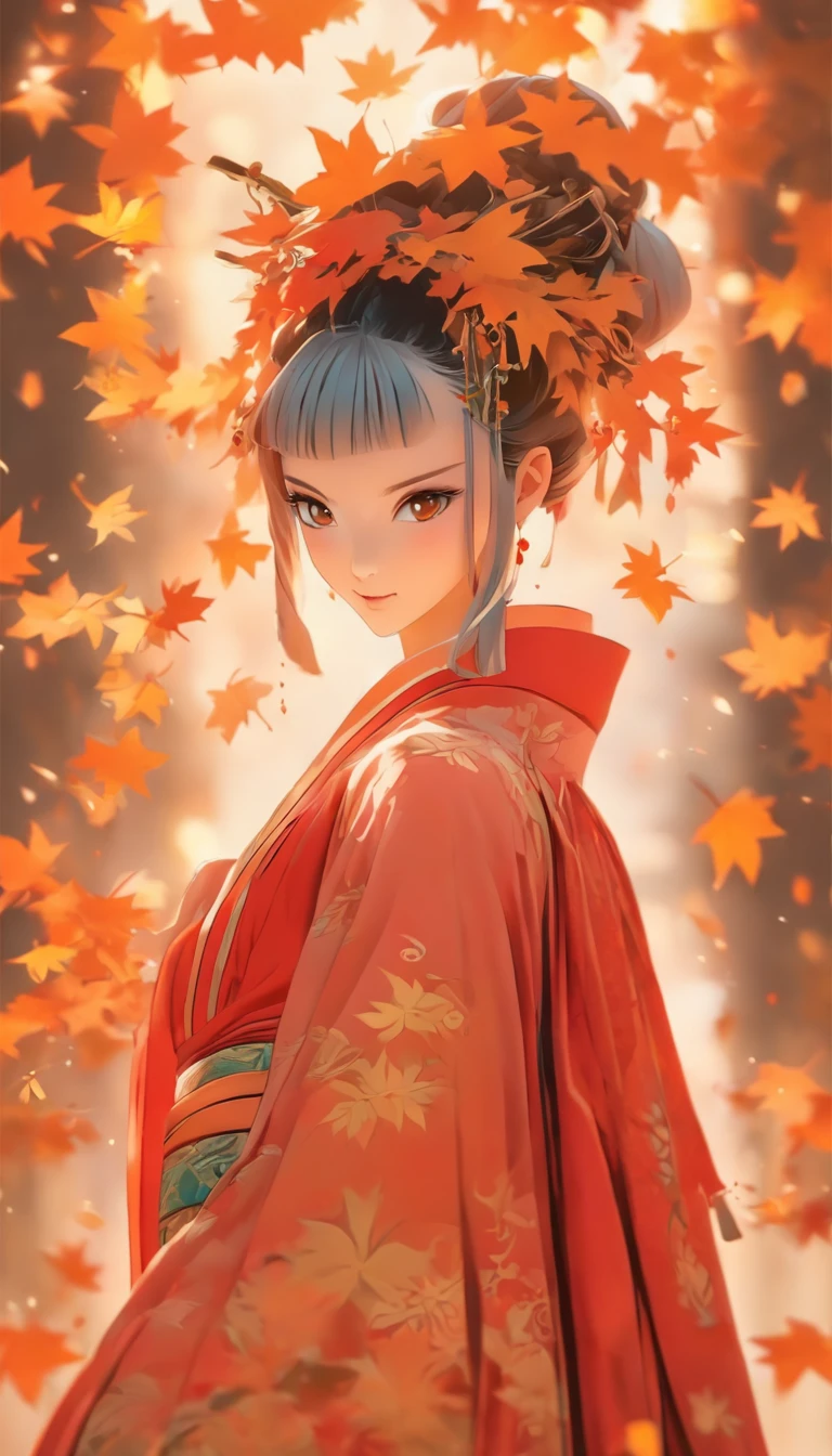 Chinese ink style，Smudge，Fairy Lady，Flowing and chic，Wide robe，Full body like，maple leaves，ventania，8K，（（super-fine）），Hyper-realistic，（（（OC renderer）））