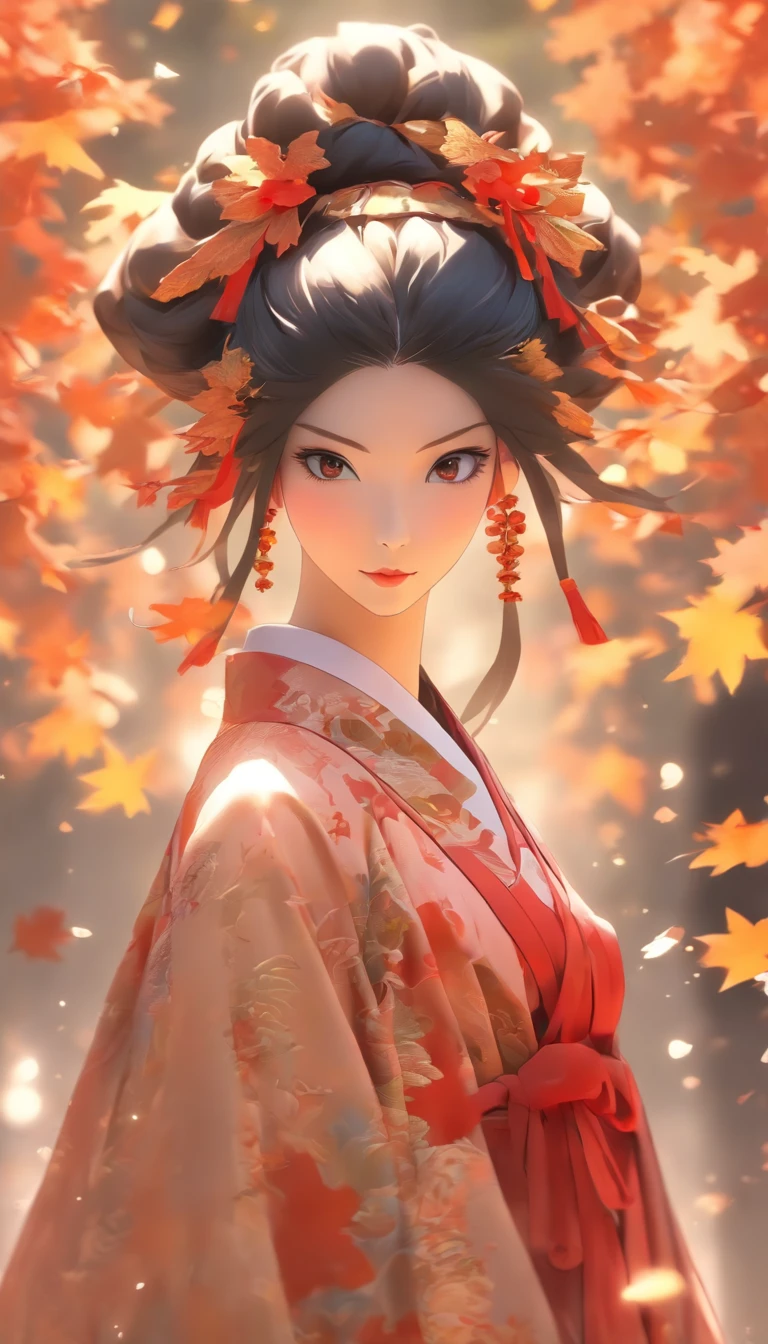 Chinese ink style，Smudge，Fairy Lady，Flowing and chic，Wide robe，Full body like，maple leaves，ventania，8K，（（super-fine）），Hyper-realistic，（（（OC renderer）））